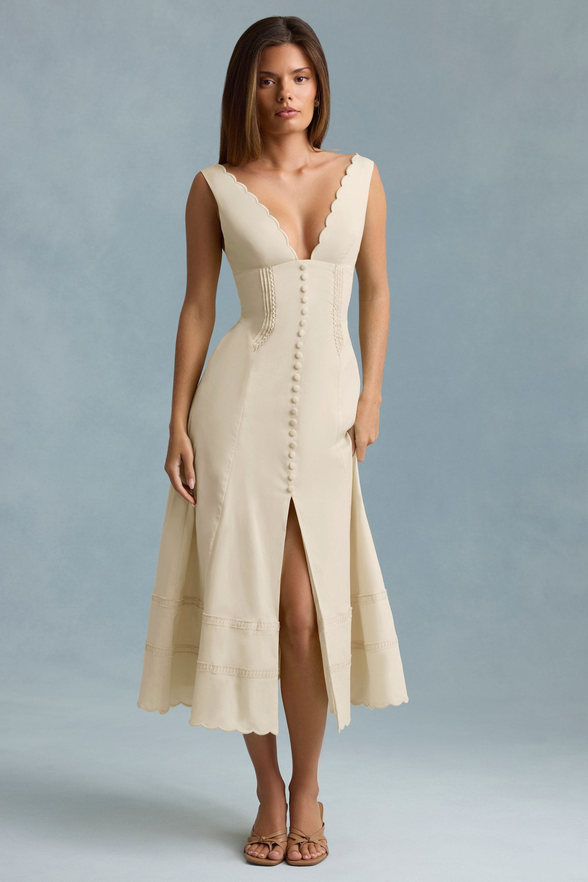 Cotton-Poplin A-Line Midaxi Dress in Ivory