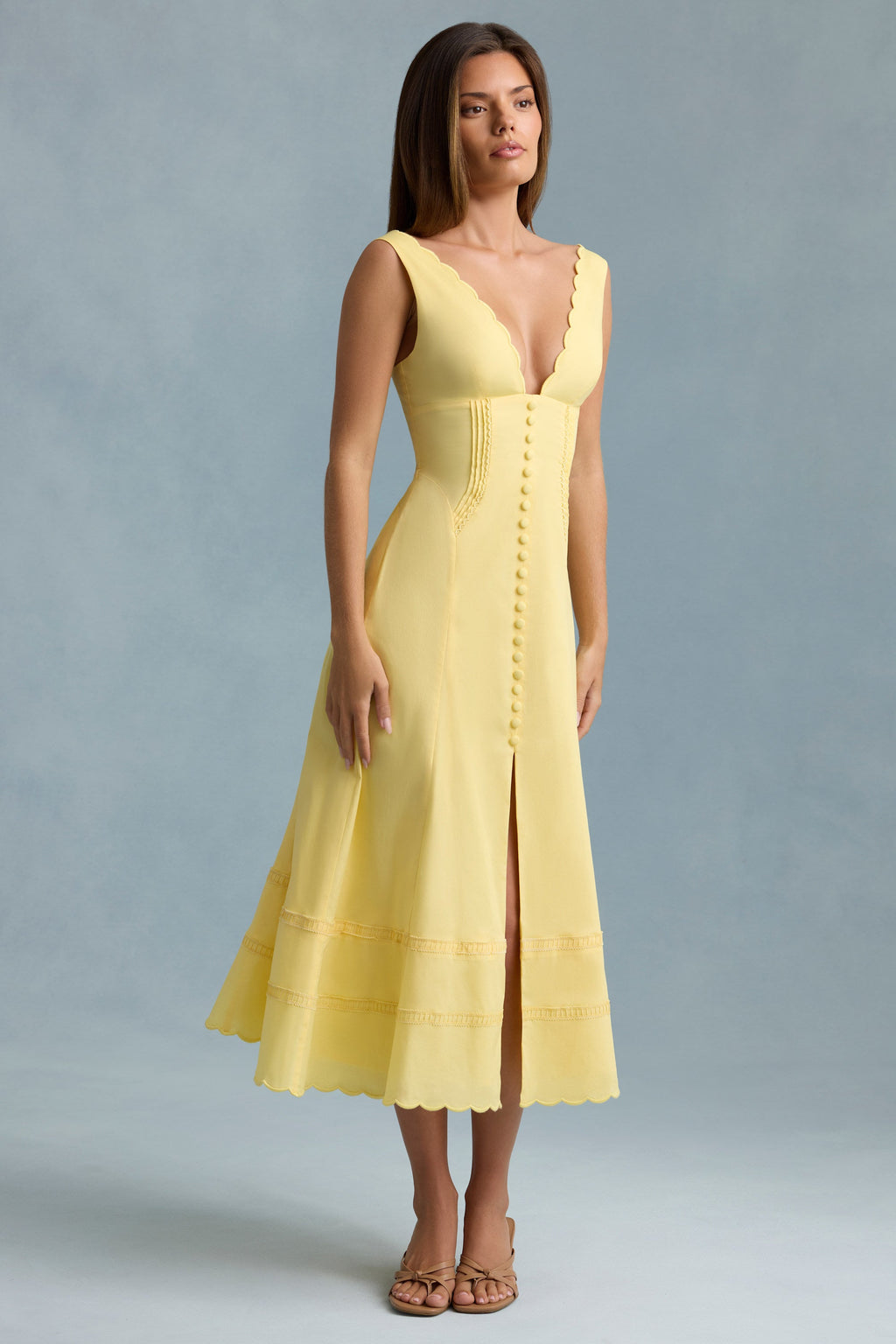 Cotton-Poplin A-Line Midaxi Dress in Pastel Yellow