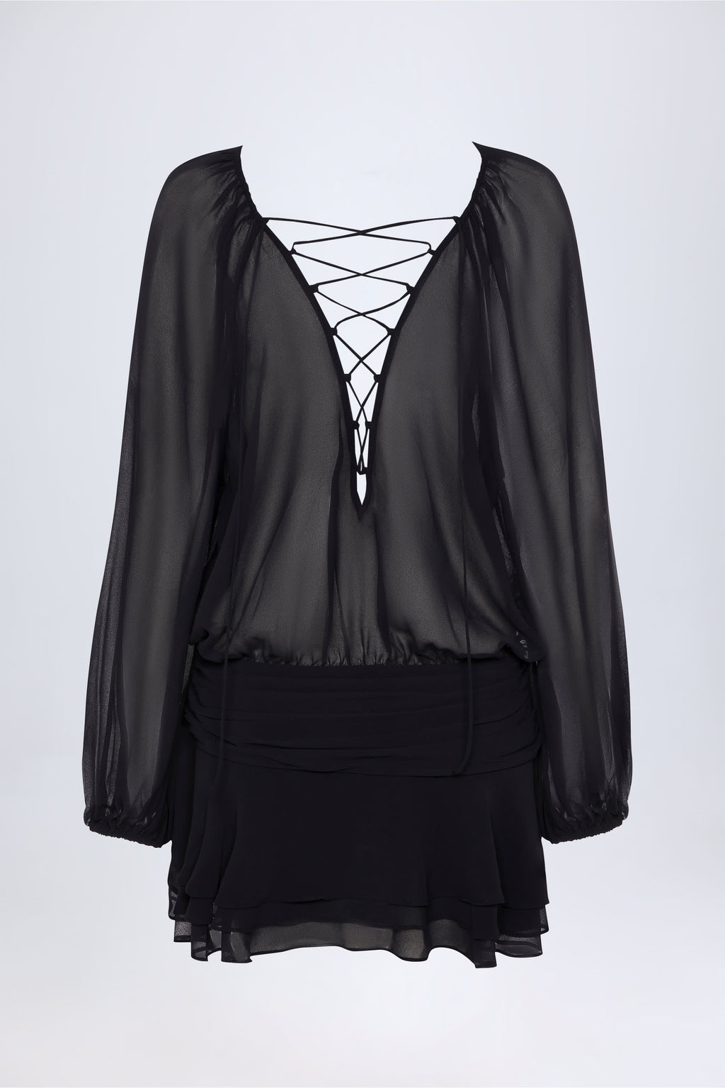 Lace-Up Balloon-Sleeve Mini Dress in Black