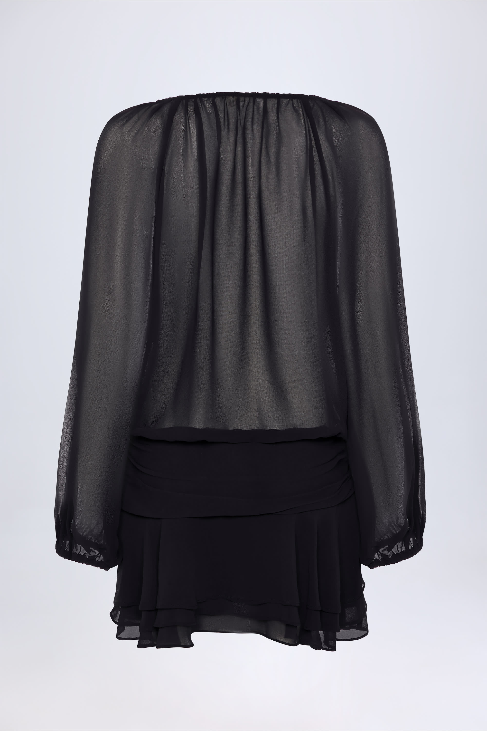 Lace-Up Balloon-Sleeve Mini Dress in Black