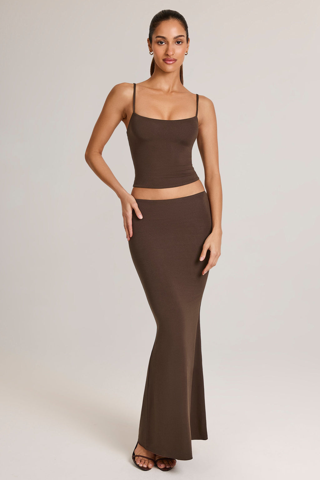 Modal Mid-Rise Fishtail Maxi Skirt in Chocolate Brown