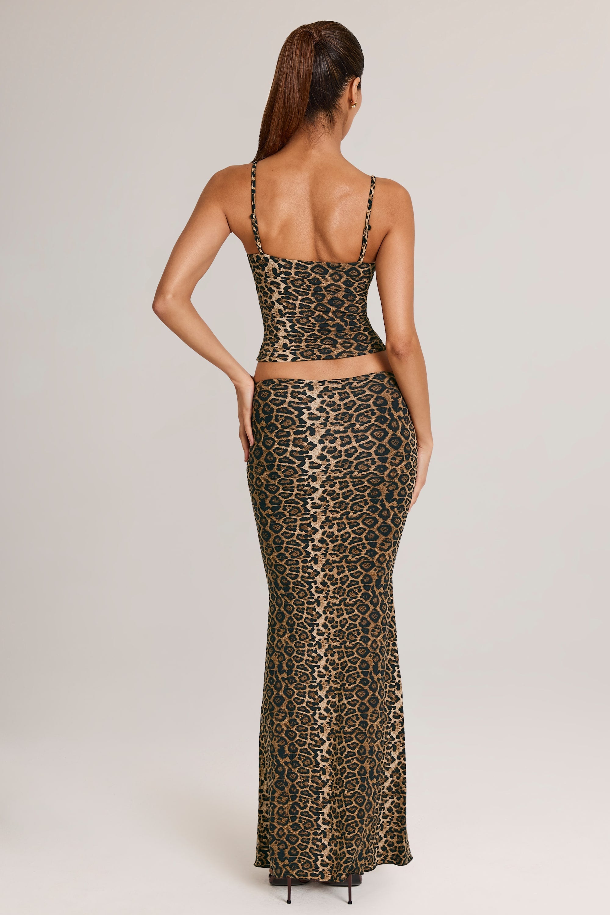 Modal Mid-Rise Fishtail Maxi Skirt in Leopard Print