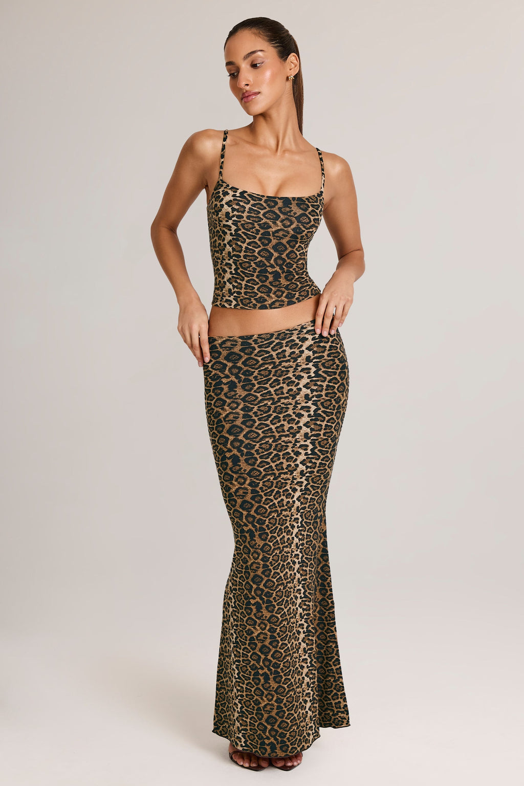 Modal Mid-Rise Fishtail Maxi Skirt in Leopard Print