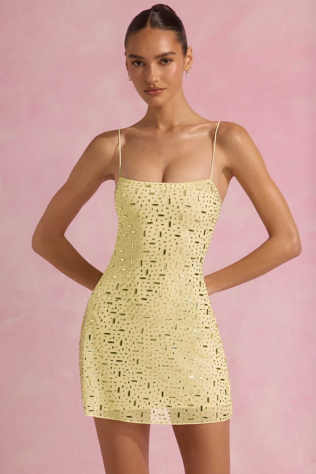 Sheer Embellished Square-Neck Mini Dress in Yellow