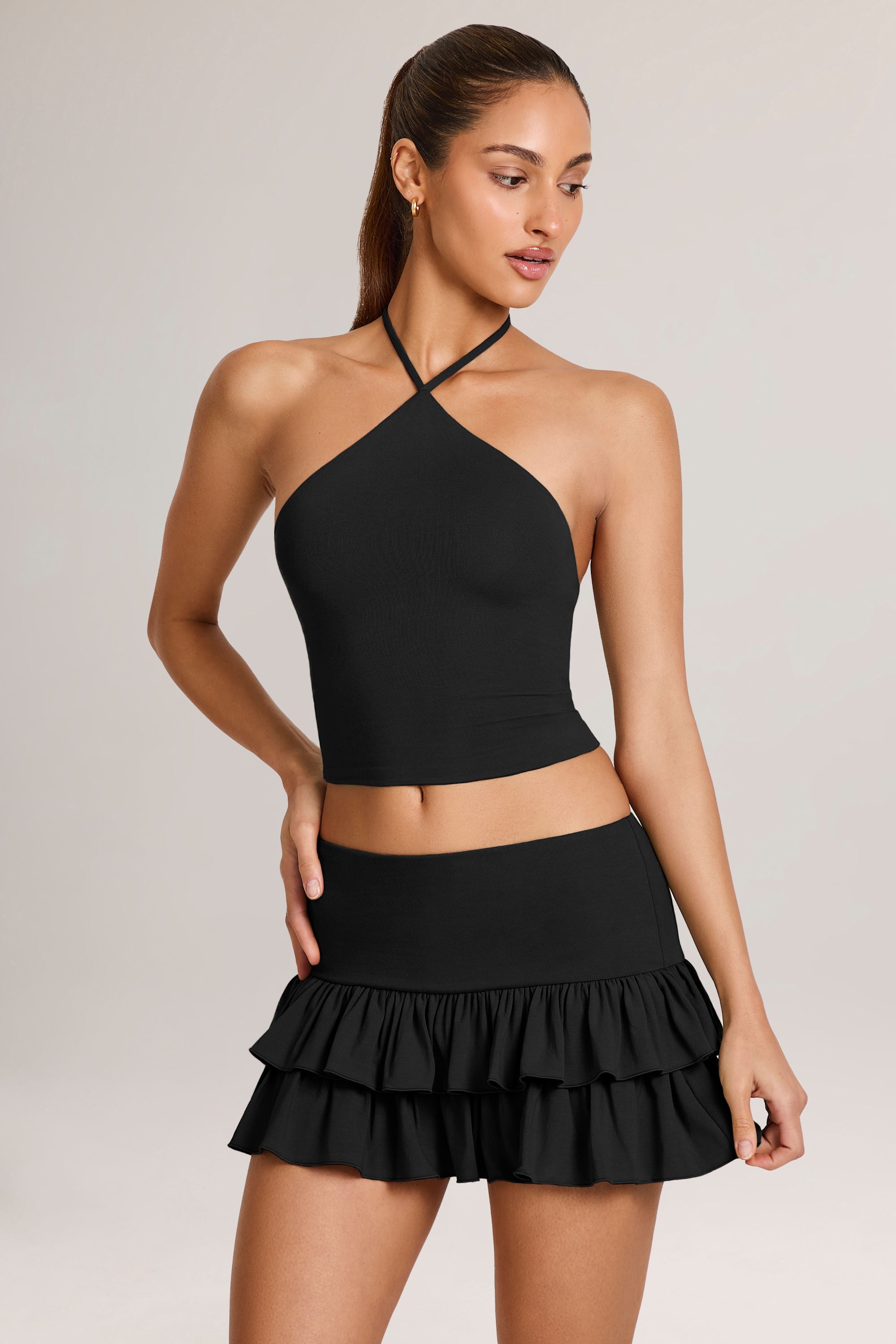 Modal Ruffle Mid-Rise Mini Skort in Black