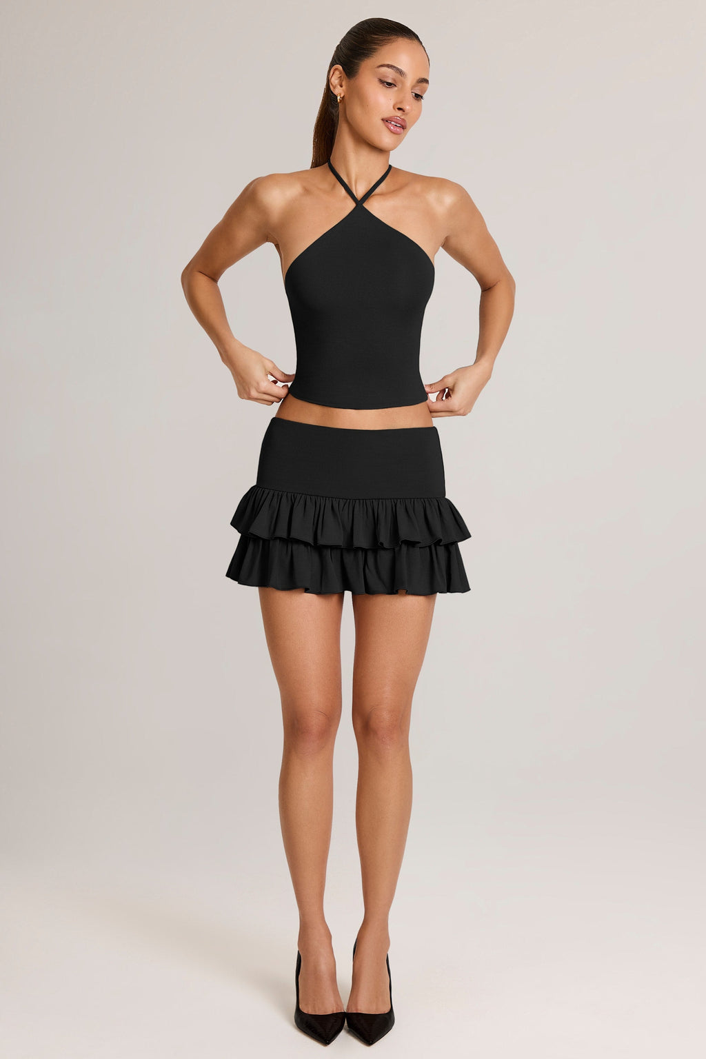 Modal Ruffle Mid-Rise Mini Skort in Black