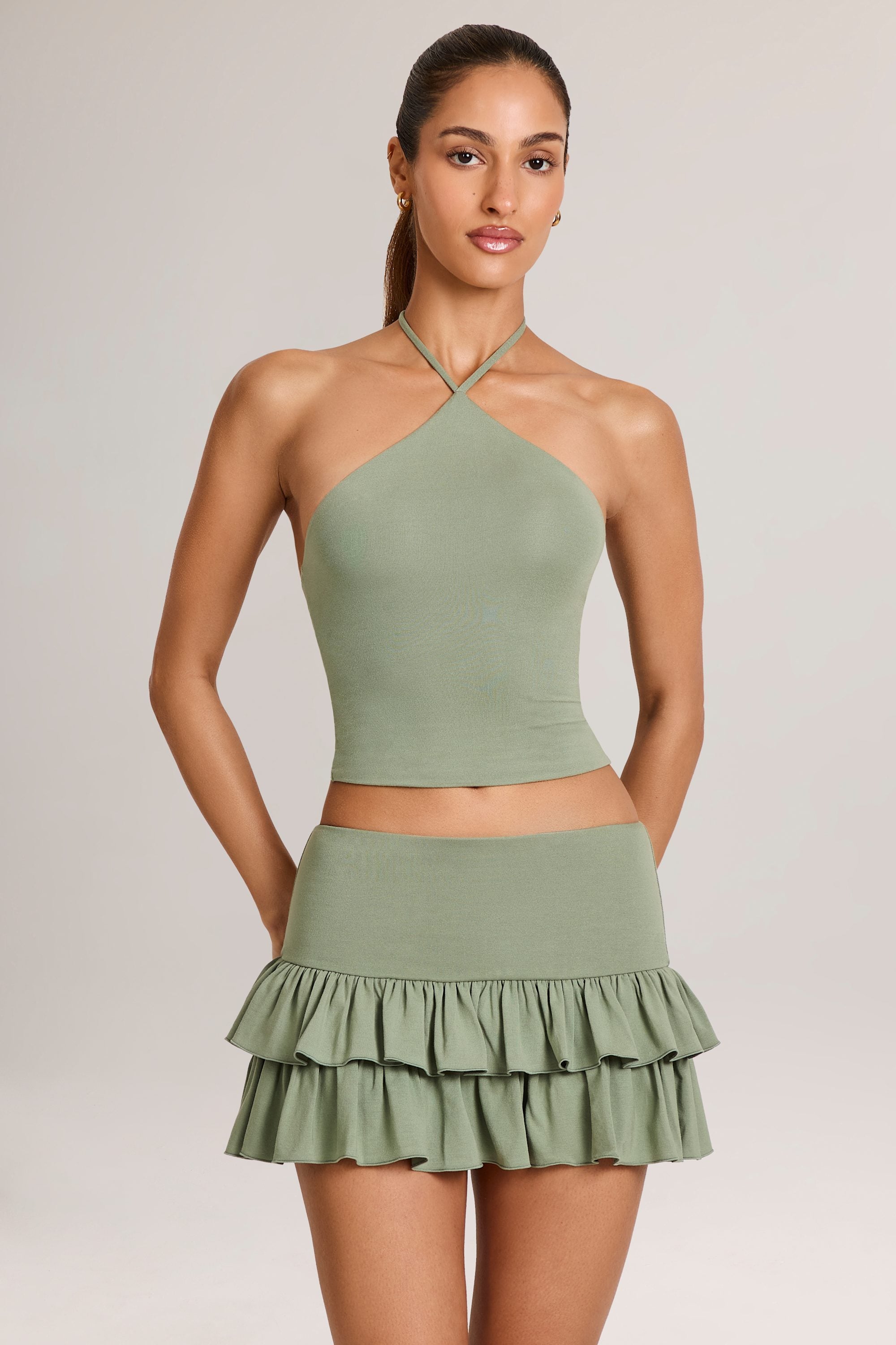 Modal Ruffle Mid-Rise Mini Skort in Sage Green