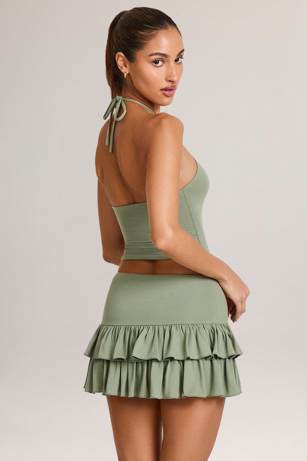 Modal Ruffle Mid-Rise Mini Skort in Sage Green