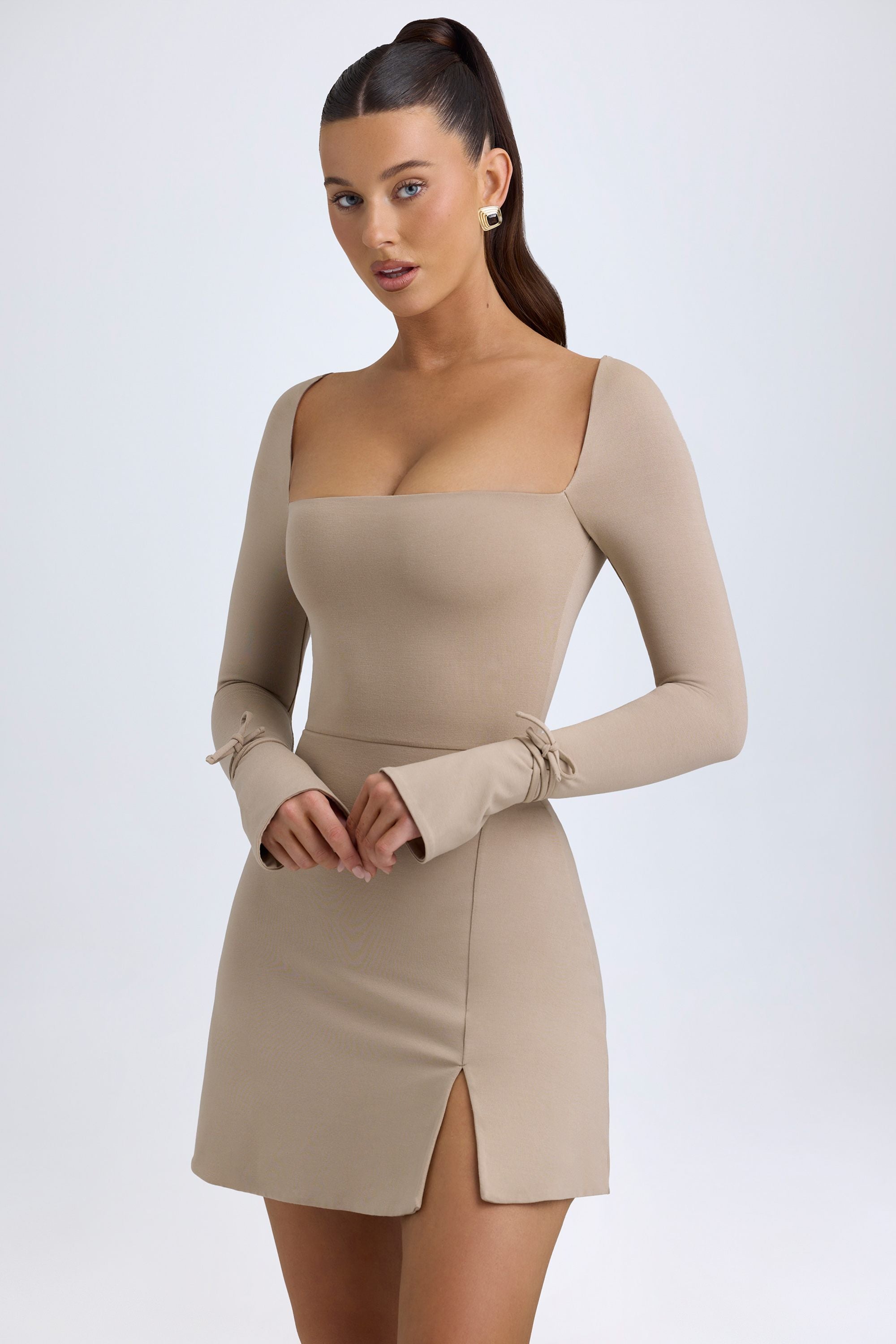 Square Neck Long Sleeve Mini Dress in Taupe