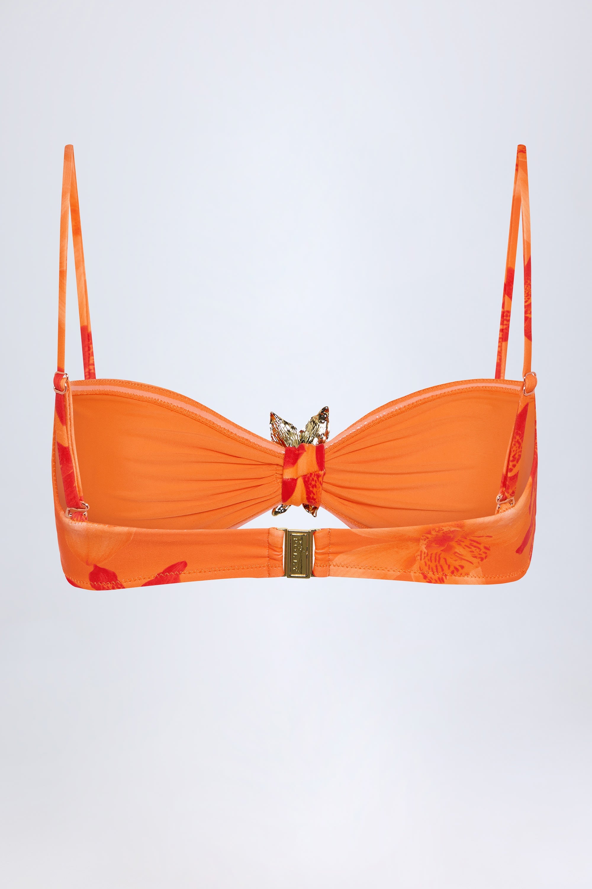 Hardware-Detail Halterneck Bikini Top in Orange Orchid Print