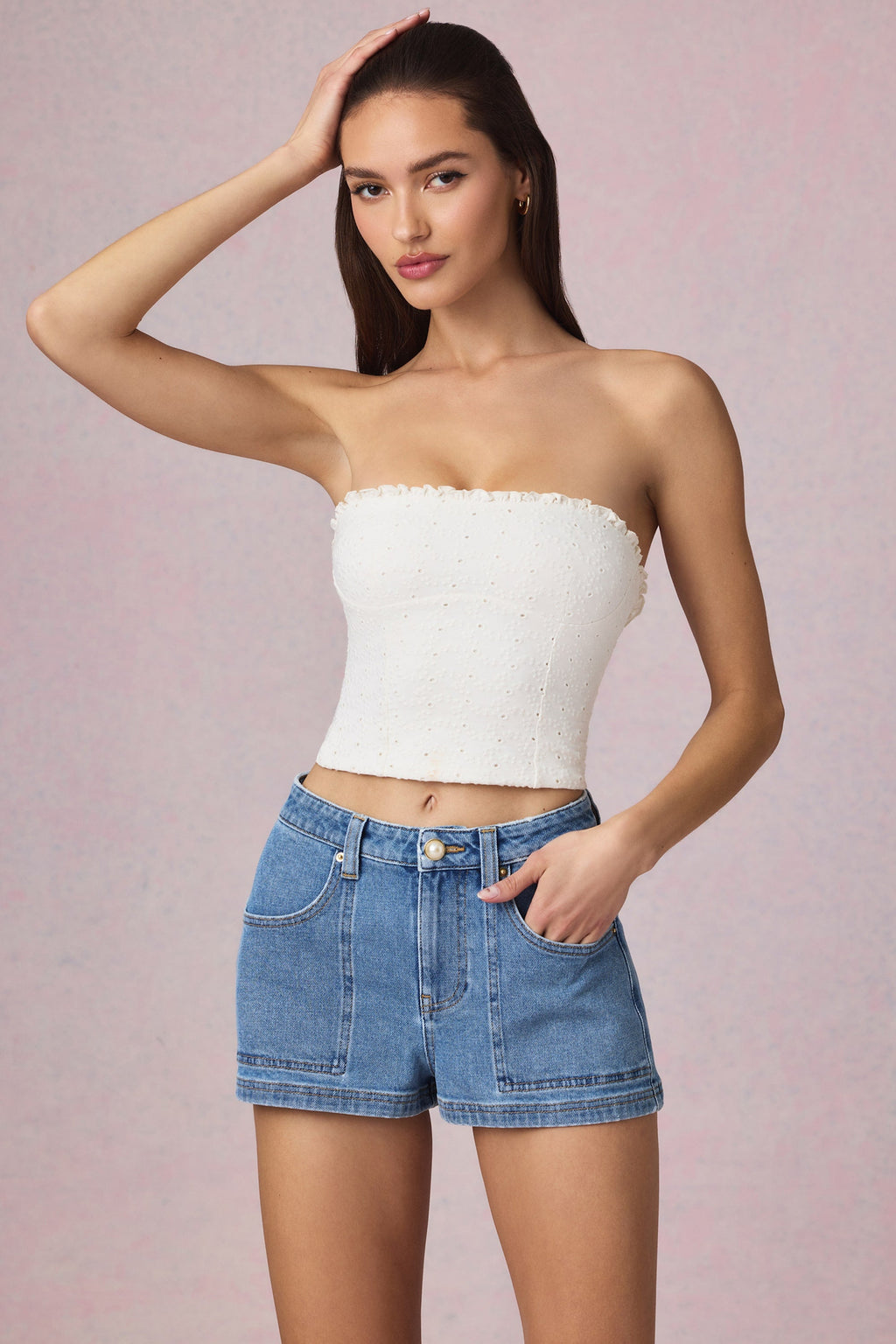 High-Waist A-Line Shorts in Mid-Blue Wash