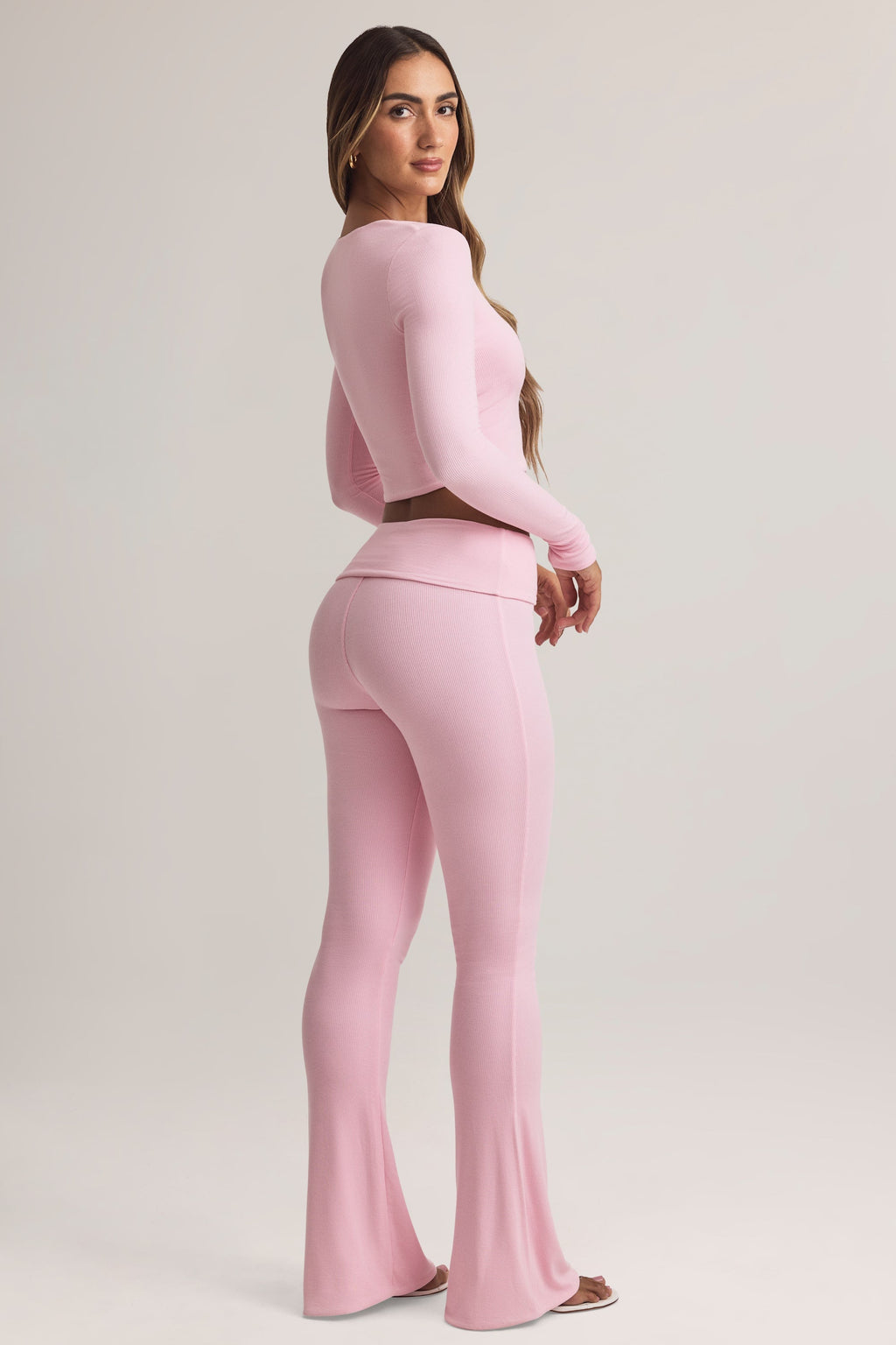 Modal Foldover Mid-Rise Flared Trousers in Pastel Pink