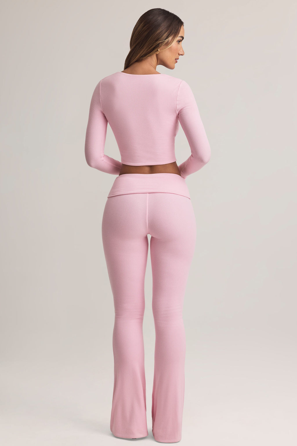 Modal Foldover Mid-Rise Flared Trousers in Pastel Pink