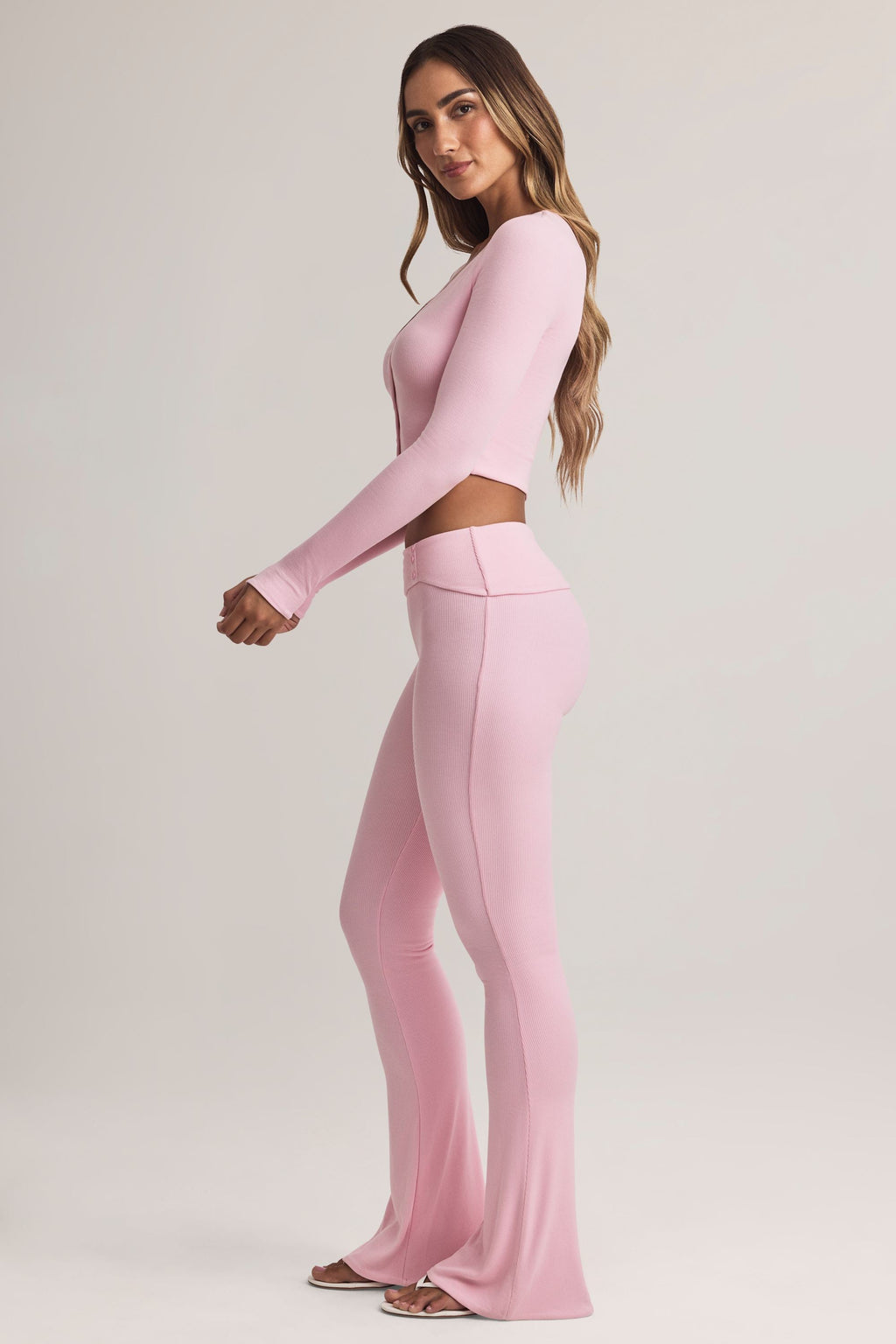 Modal Foldover Mid-Rise Flared Trousers in Pastel Pink