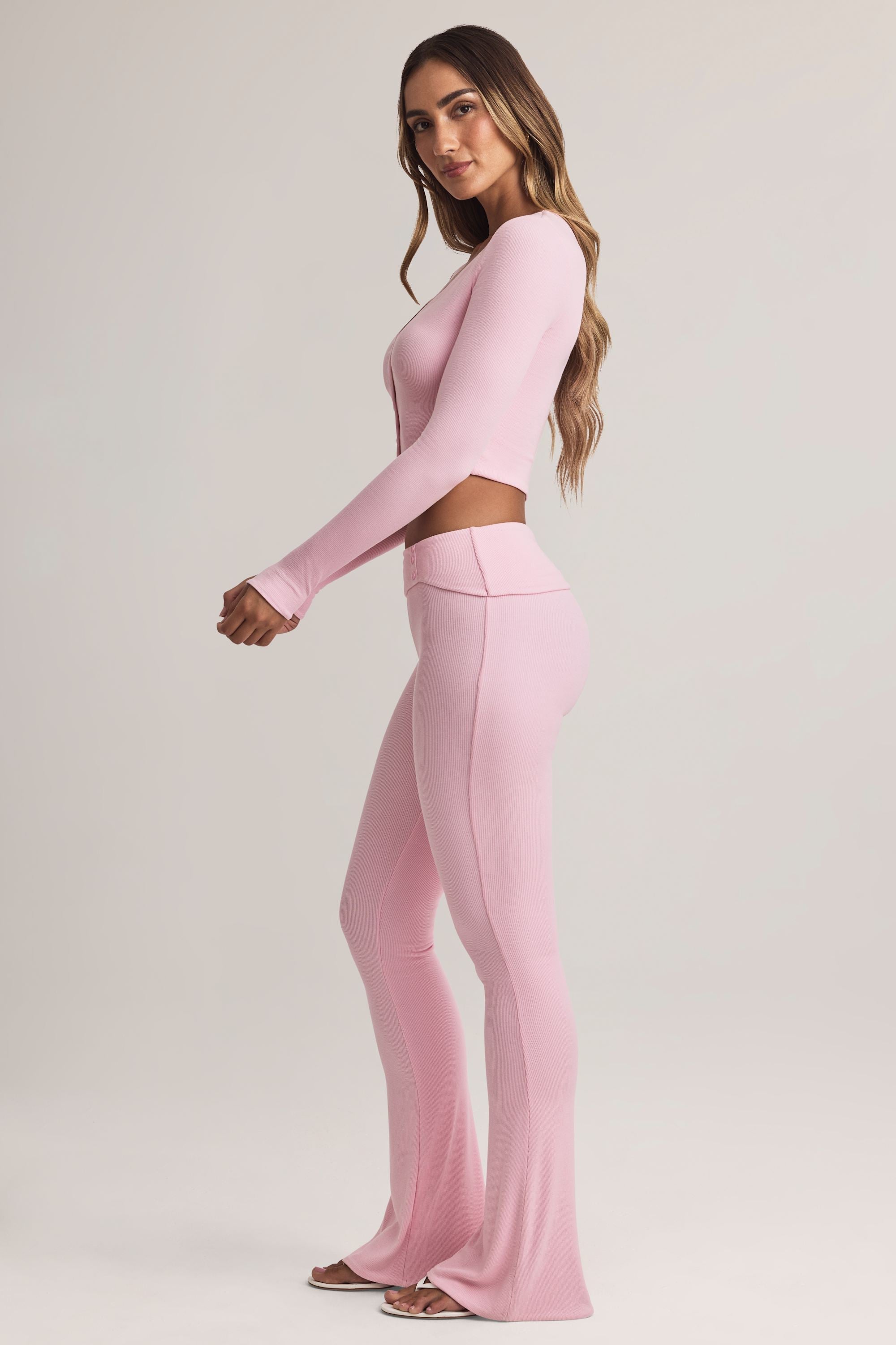 Modal Foldover Mid-Rise Flared Trousers in Pastel Pink