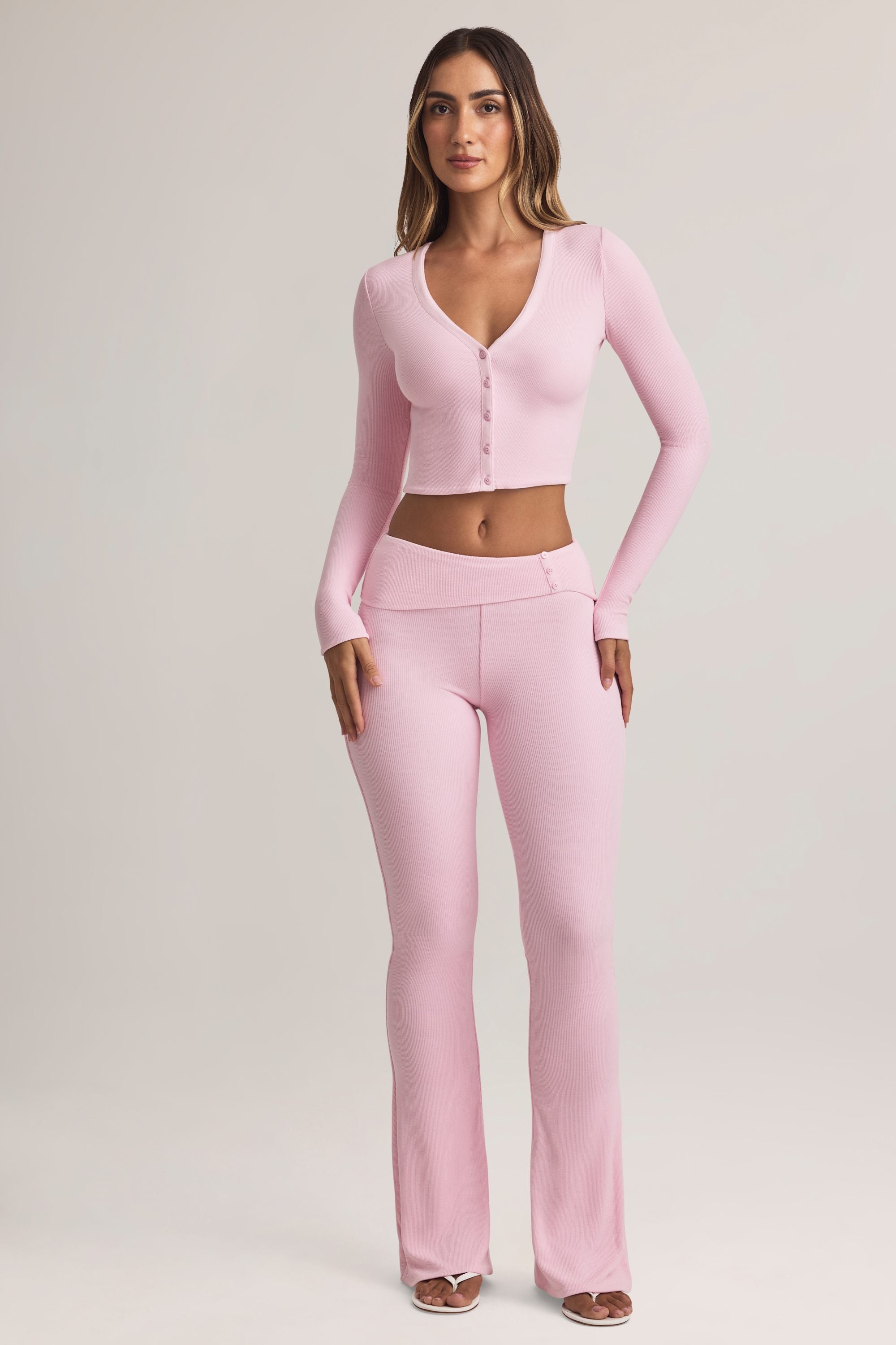 Modal Foldover Mid-Rise Flared Trousers in Pastel Pink