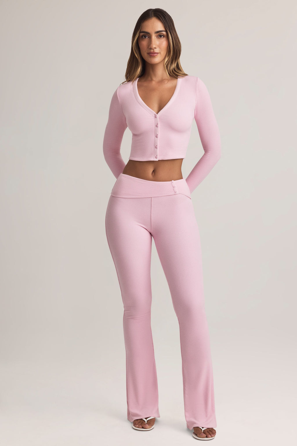 Modal Foldover Mid-Rise Flared Trousers in Pastel Pink