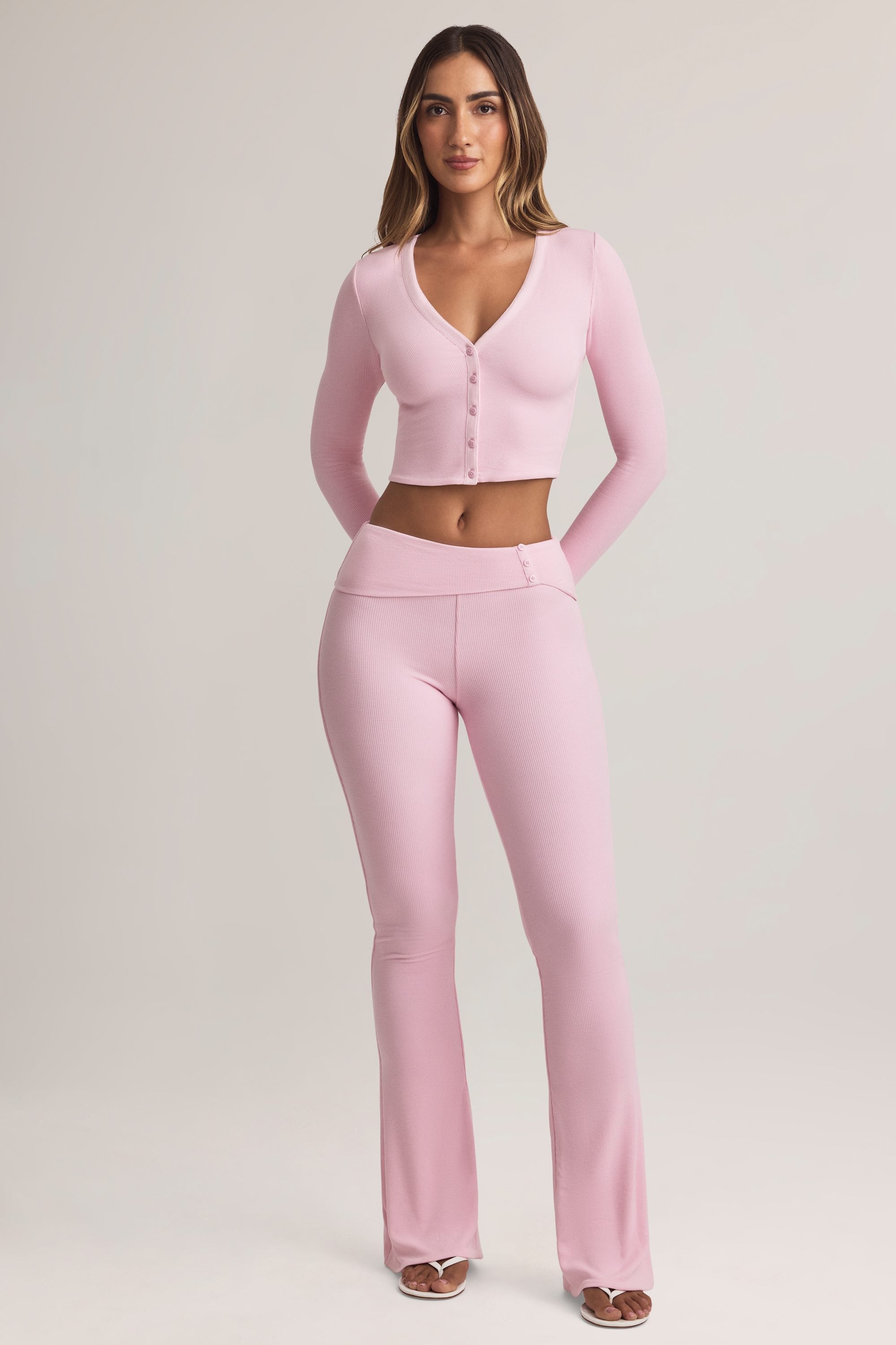 Modal Foldover Mid-Rise Flared Trousers in Pastel Pink