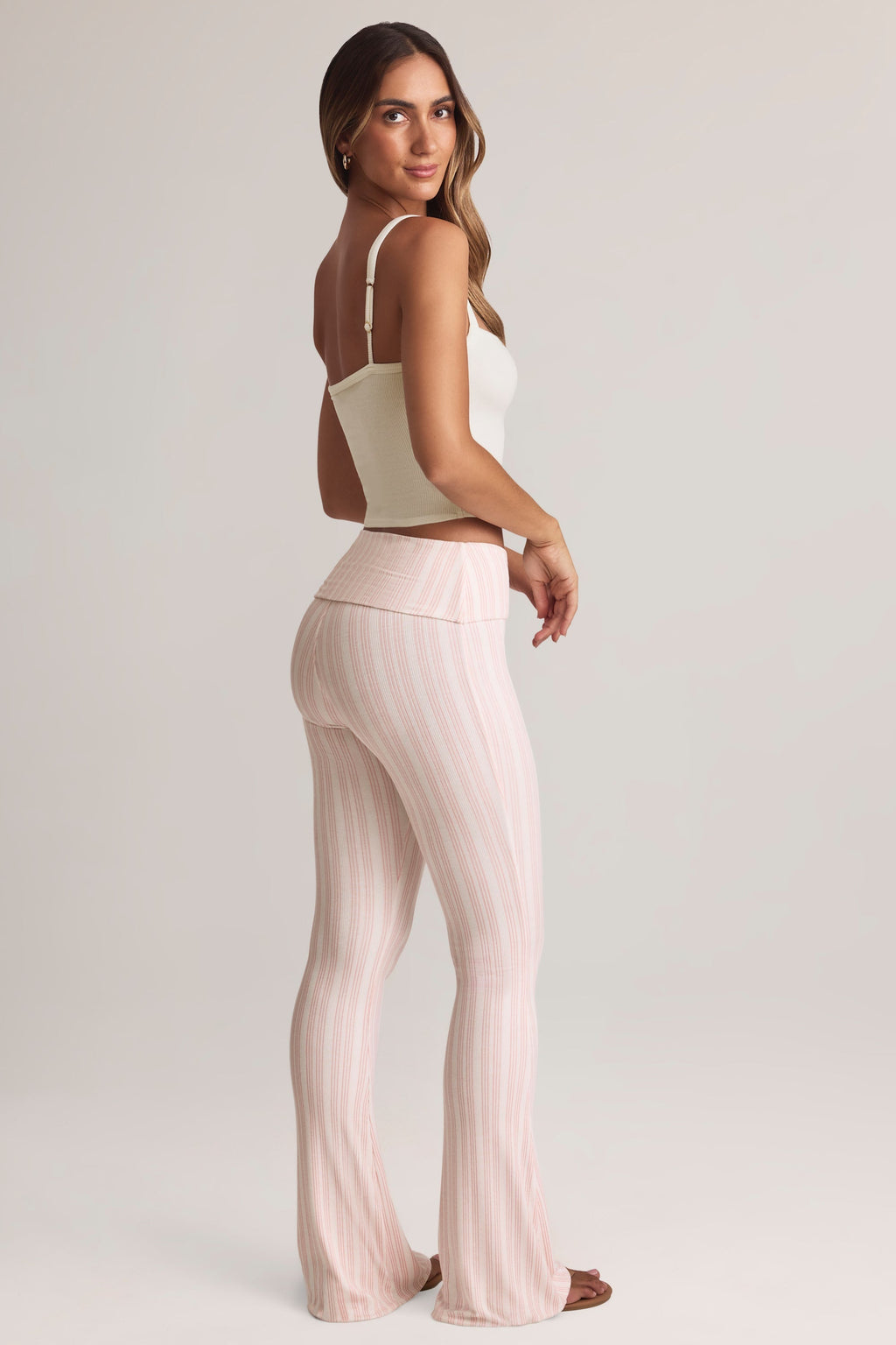 Modal Foldover Mid-Rise Flared Trousers in Stripe Print