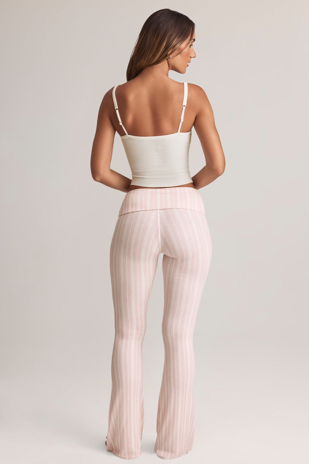 Modal Foldover Mid-Rise Flared Trousers in Stripe Print