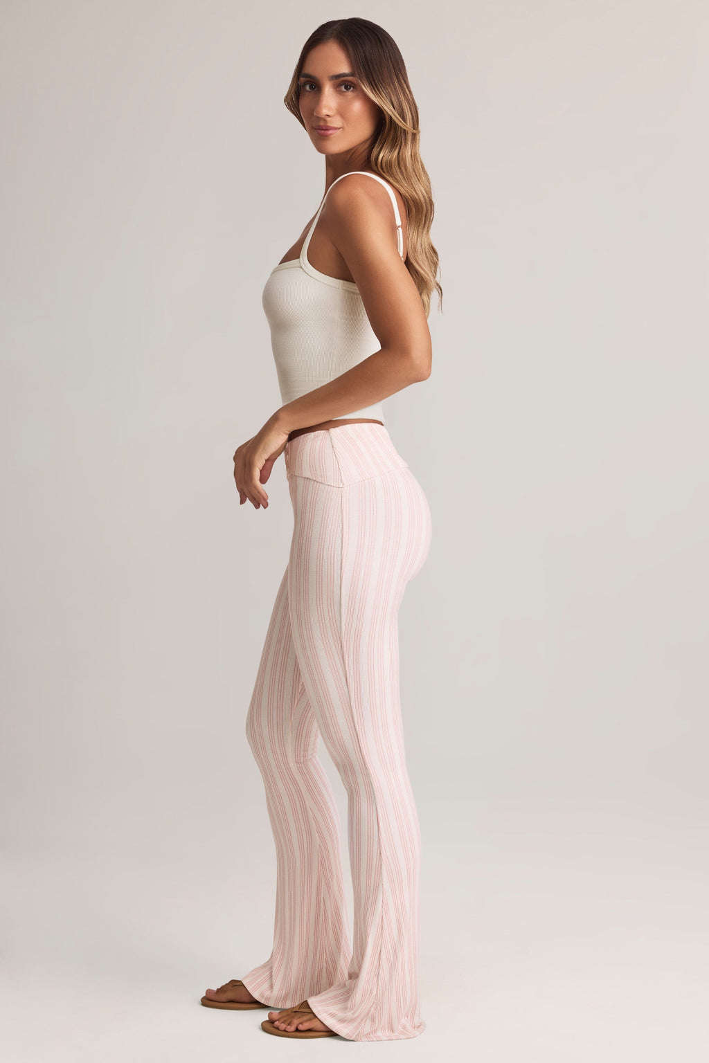 Modal Foldover Mid-Rise Flared Trousers in Stripe Print