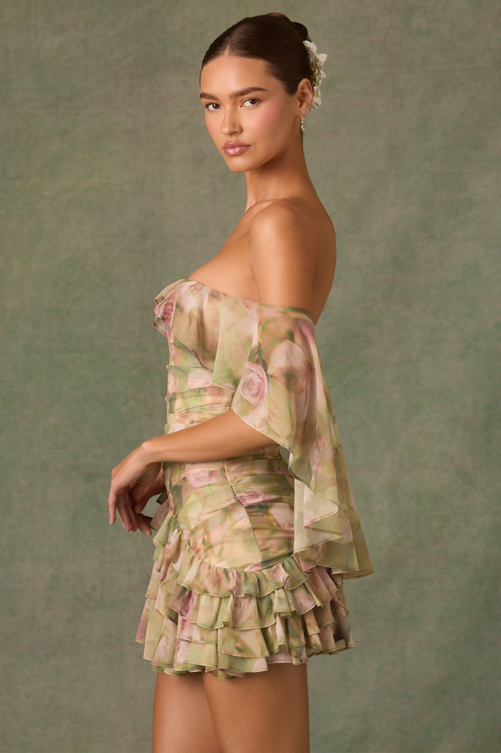 Off-Shoulder Ruffled Mini Dress in Floral Multi Print