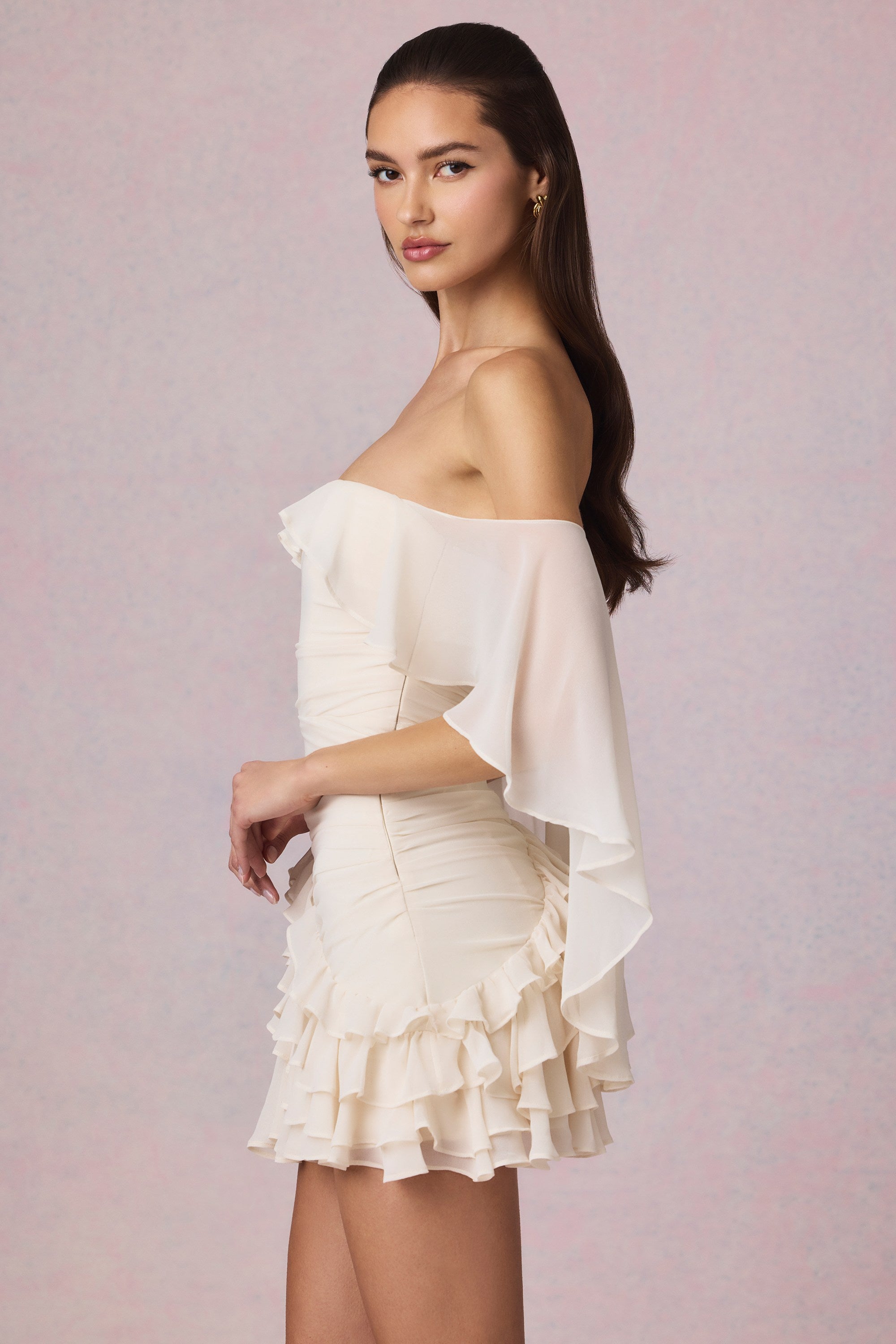 Off-Shoulder Ruffled Mini Dress in Ivory