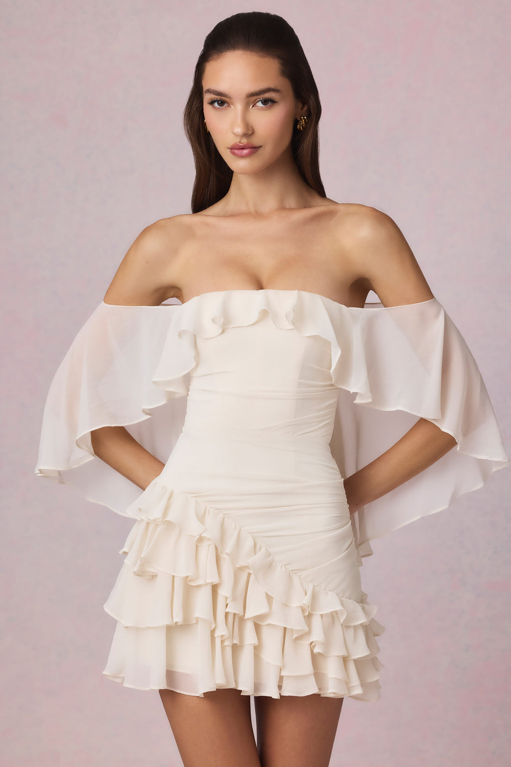 Off-Shoulder Ruffled Mini Dress in Ivory