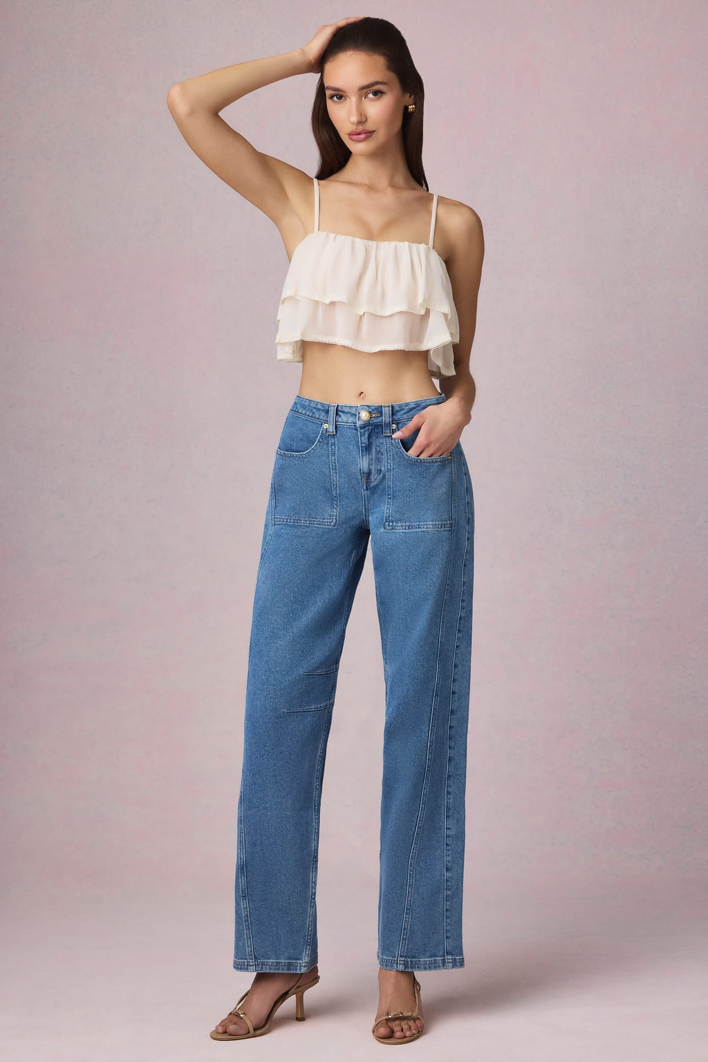 Mid-Rise Barrel-Leg Jeans in Mid-Blue Wash