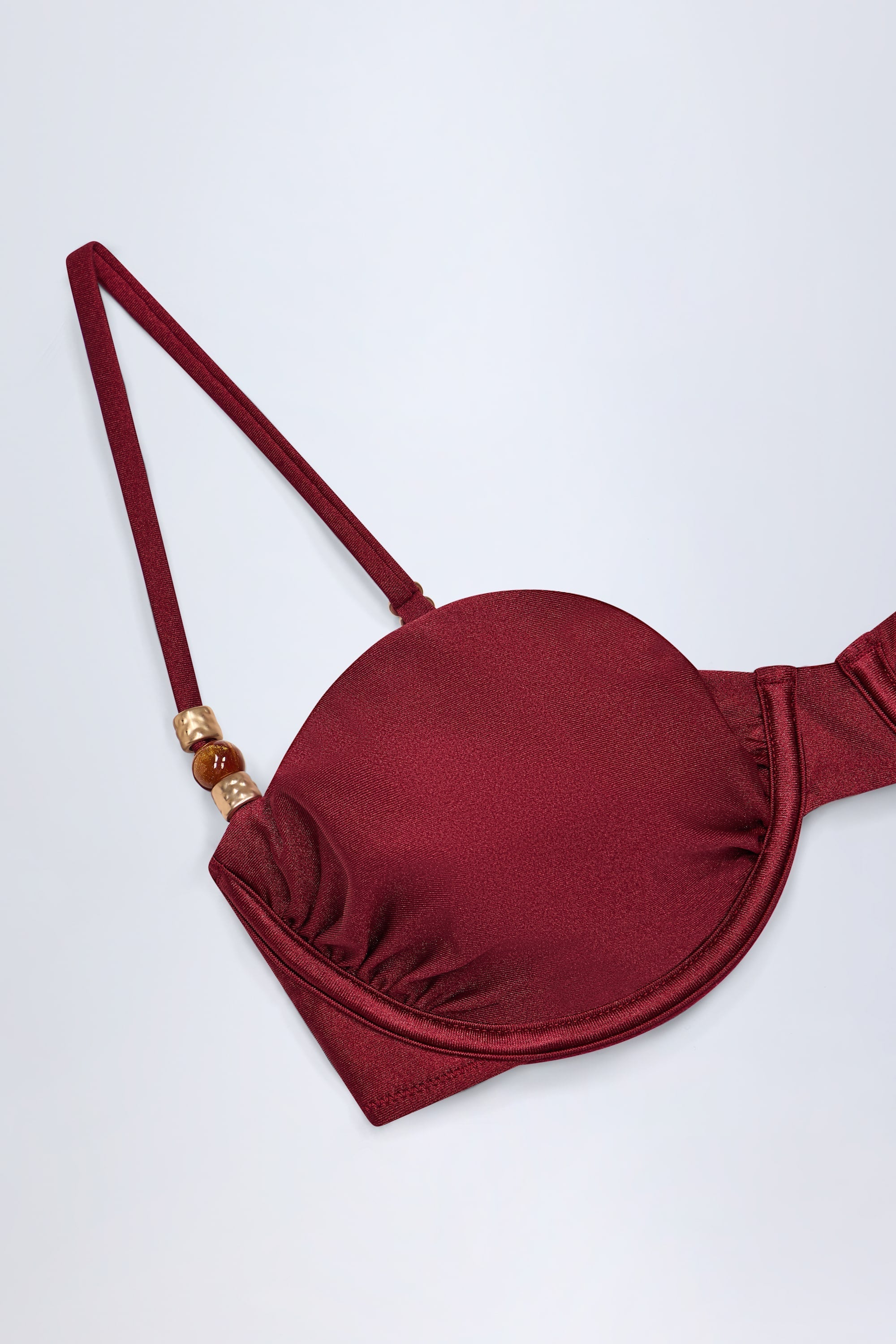 Bead-Embellished Ruched Underwired Bikini Top in Dark Cherry