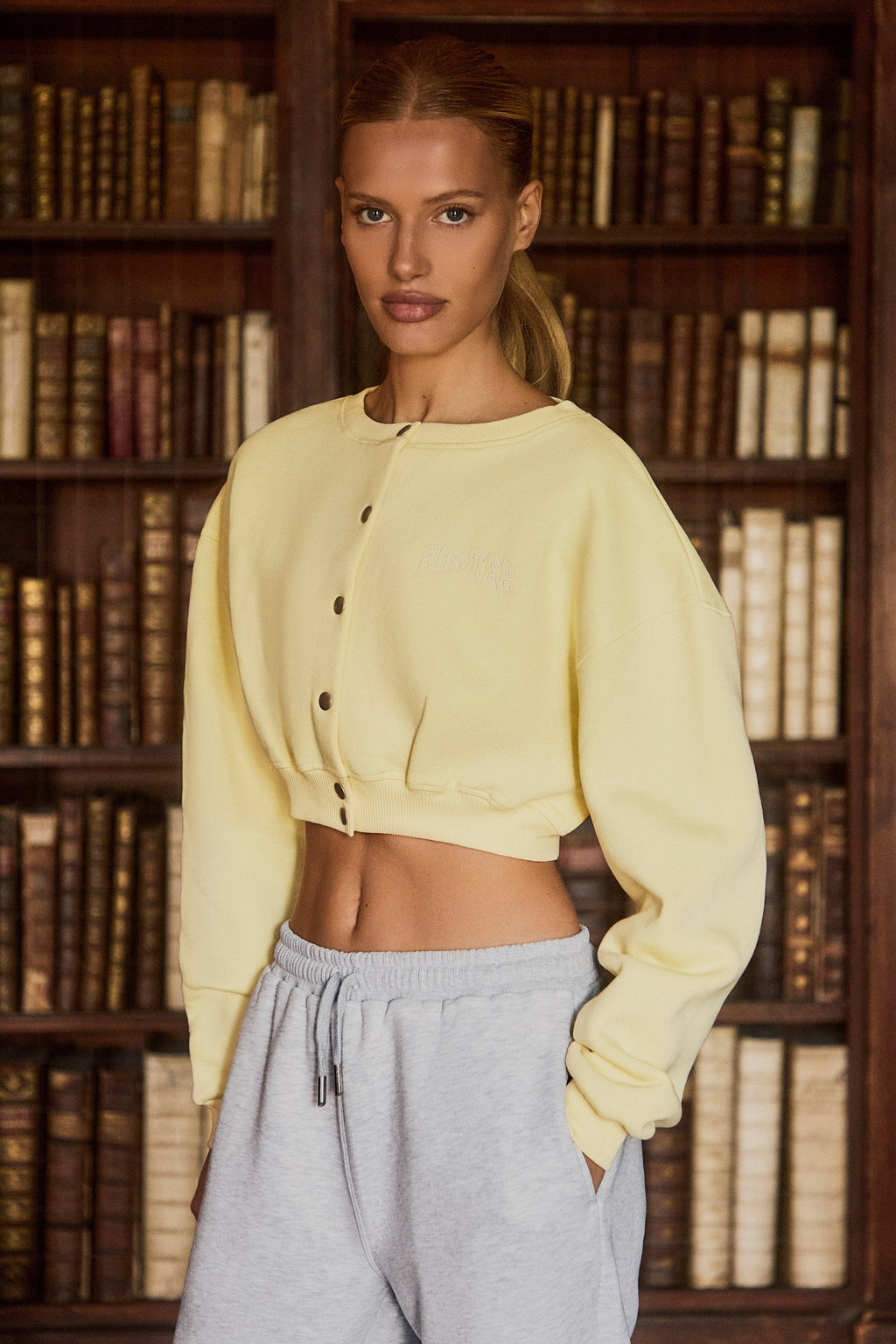 Premium Brushed Jersey Button-Up Cropped Cardigan in Soft Yellow