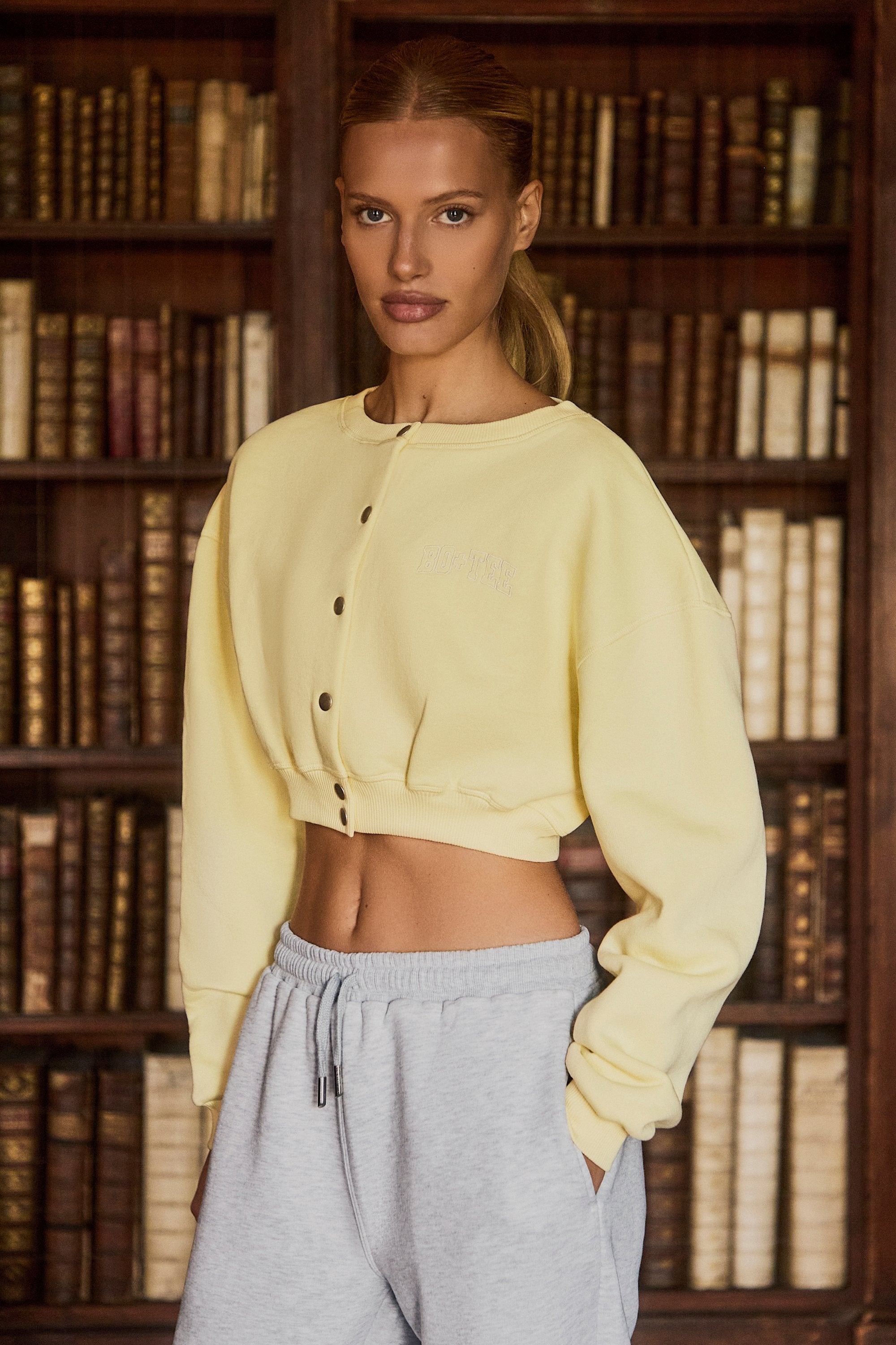 Premium Brushed Jersey Button-Up Cropped Cardigan in Soft Yellow