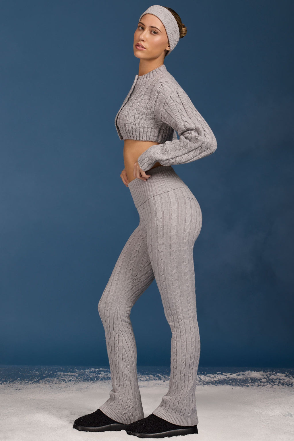 Cable Knit Foldover Flared Trousers in Grey Marl