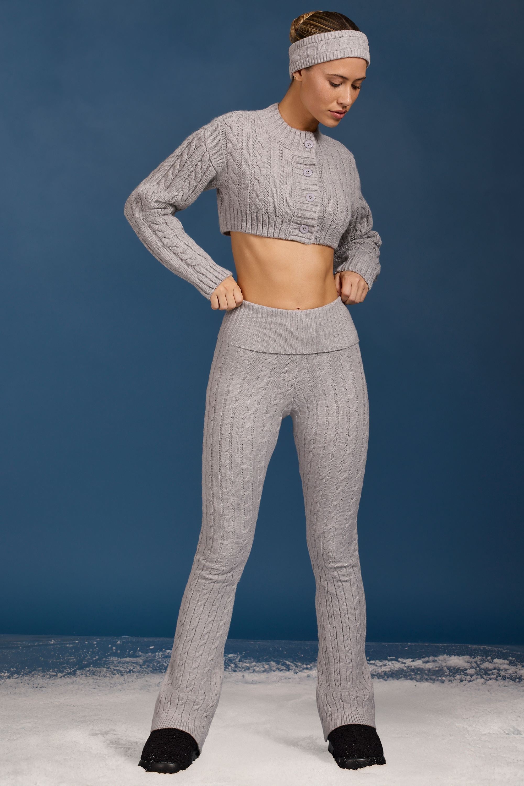 Cable Knit Foldover Flared Trousers in Grey Marl