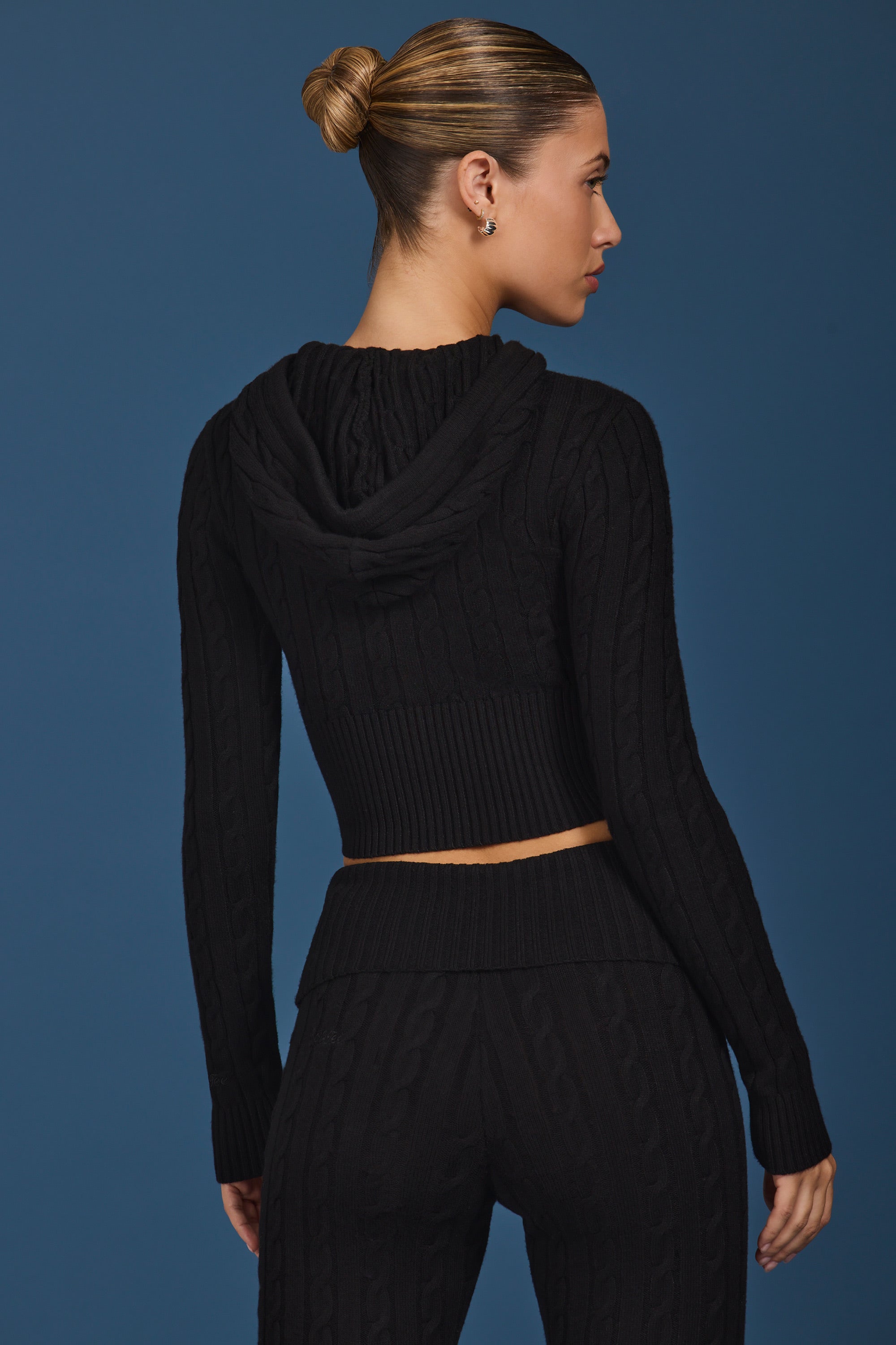 Cable Knit Zip-Up Hoodie in Black