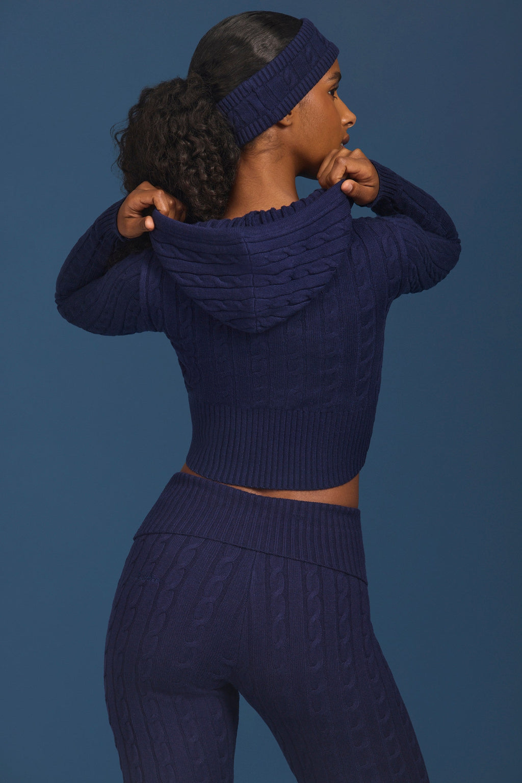 Cable Knit Zip-Up Hoodie in Navy