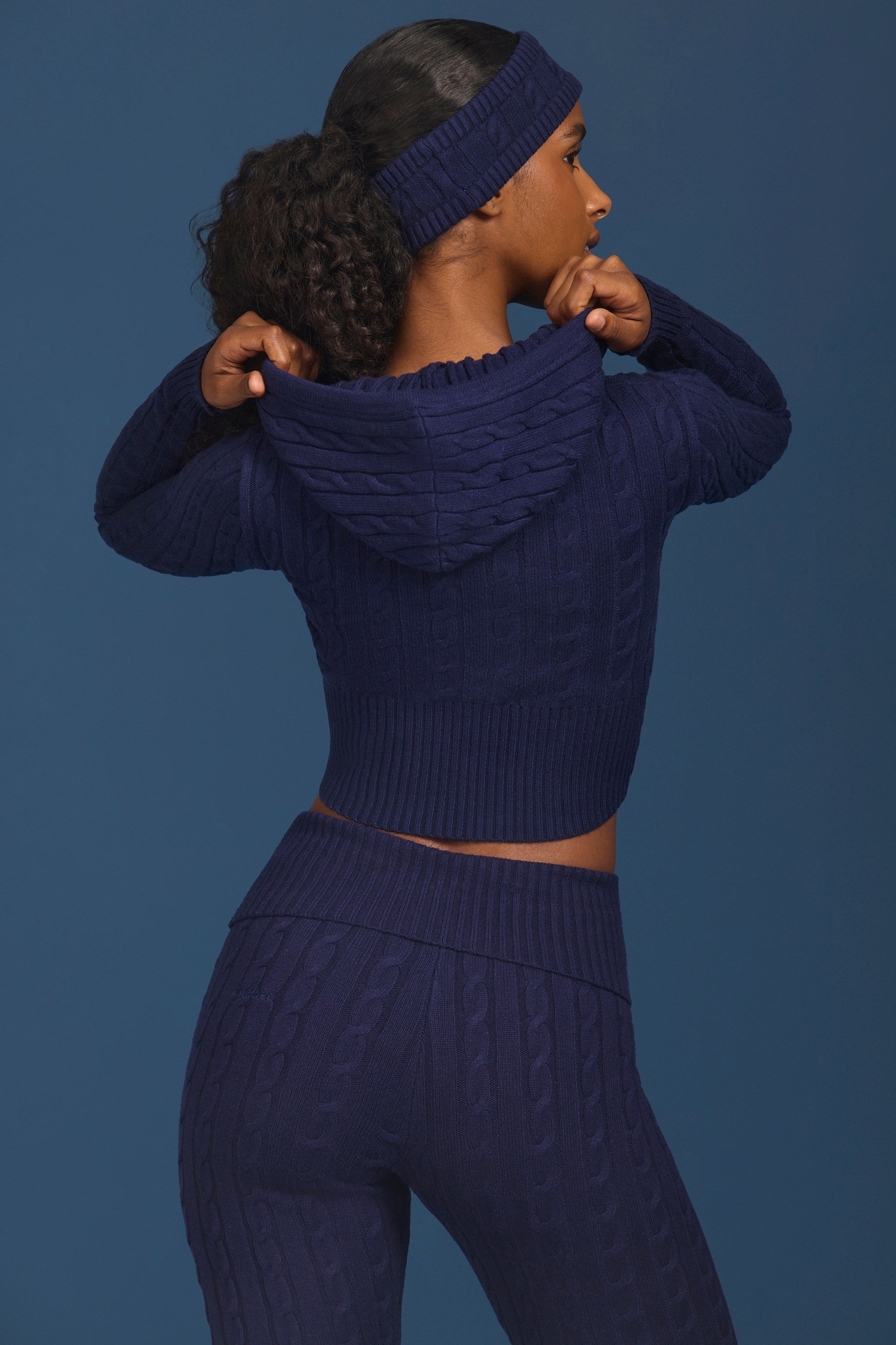 Cable Knit Zip-Up Hoodie in Navy