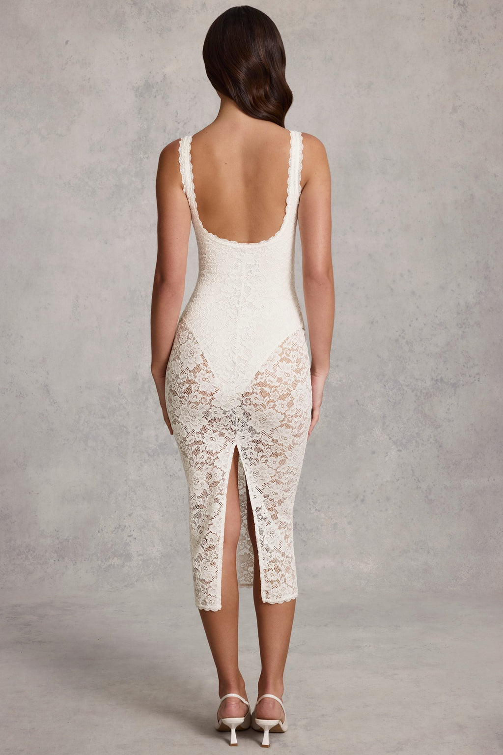 Lace Plunge Bodysuit Midaxi Dress in White