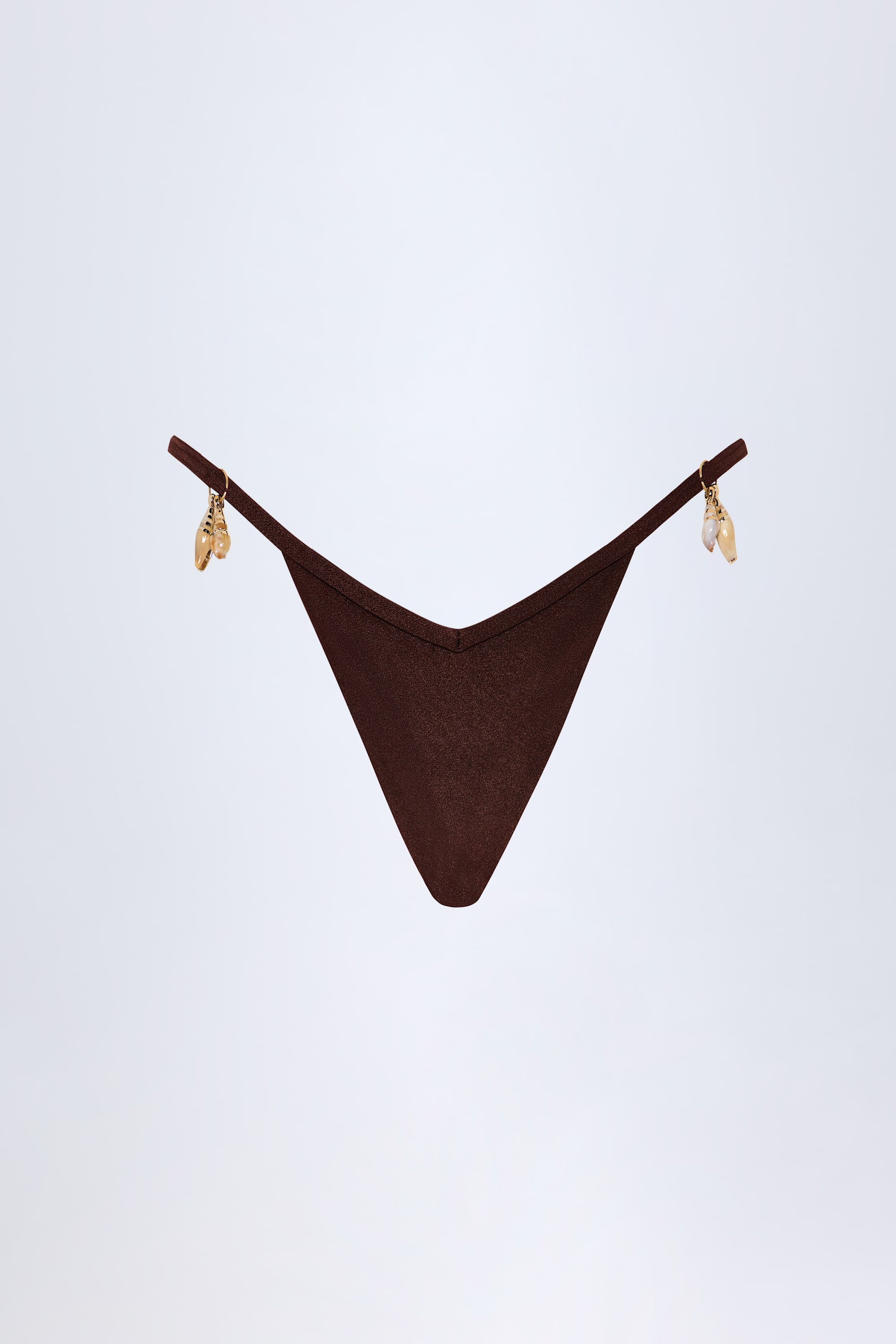 Charm-Detail Thong Bikini Bottoms in Dark Chocolate