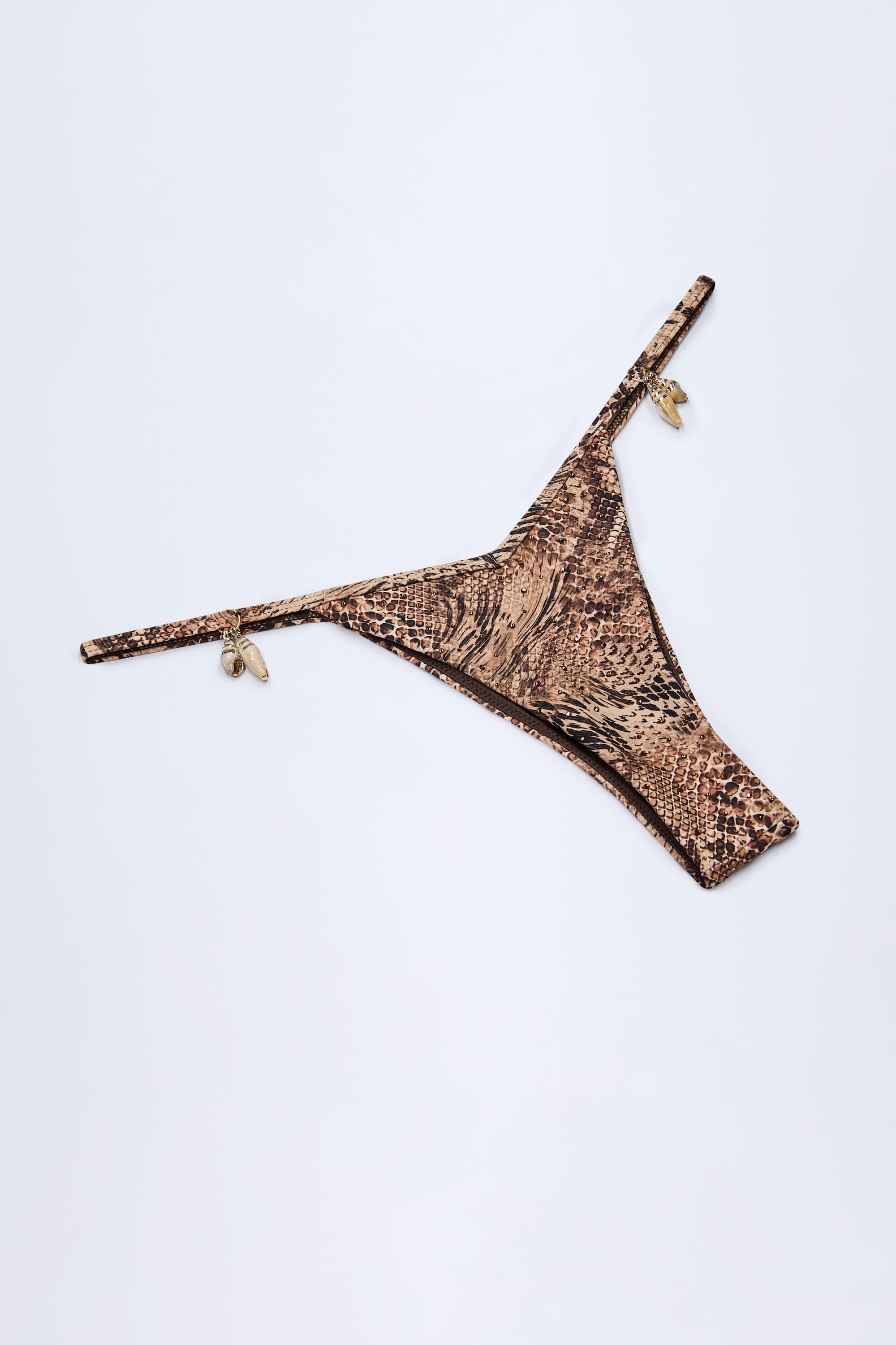 Charm-Detail Thong Bikini Bottoms in Snake Print