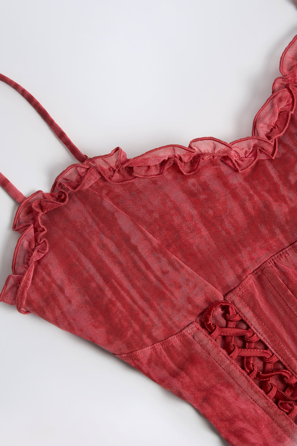 Lace-Up Ruffled Flared Jumpsuit in Red Print