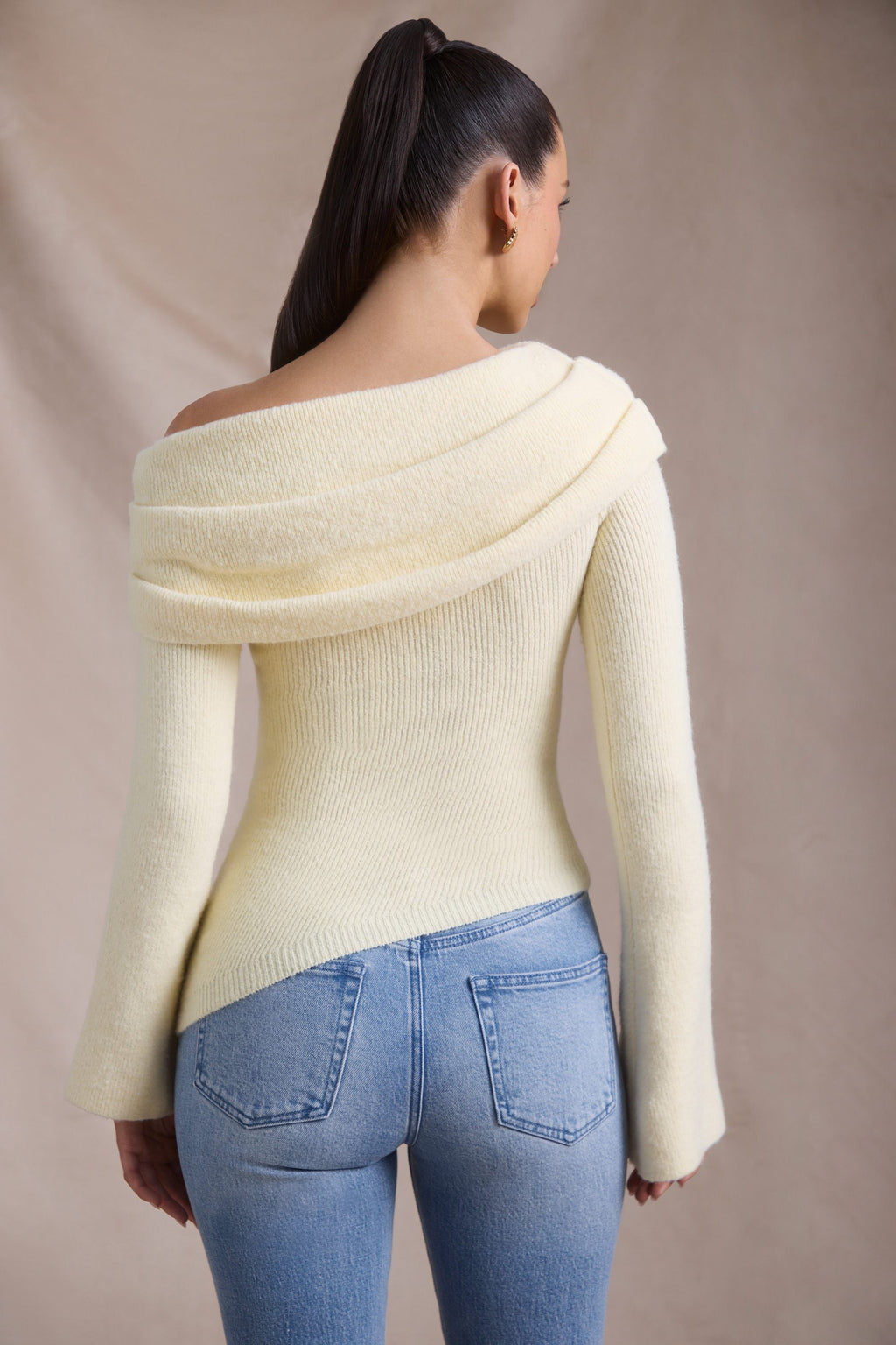Ribbed-Knit Asymmetric Off-Shoulder Jumper in Butter Yellow