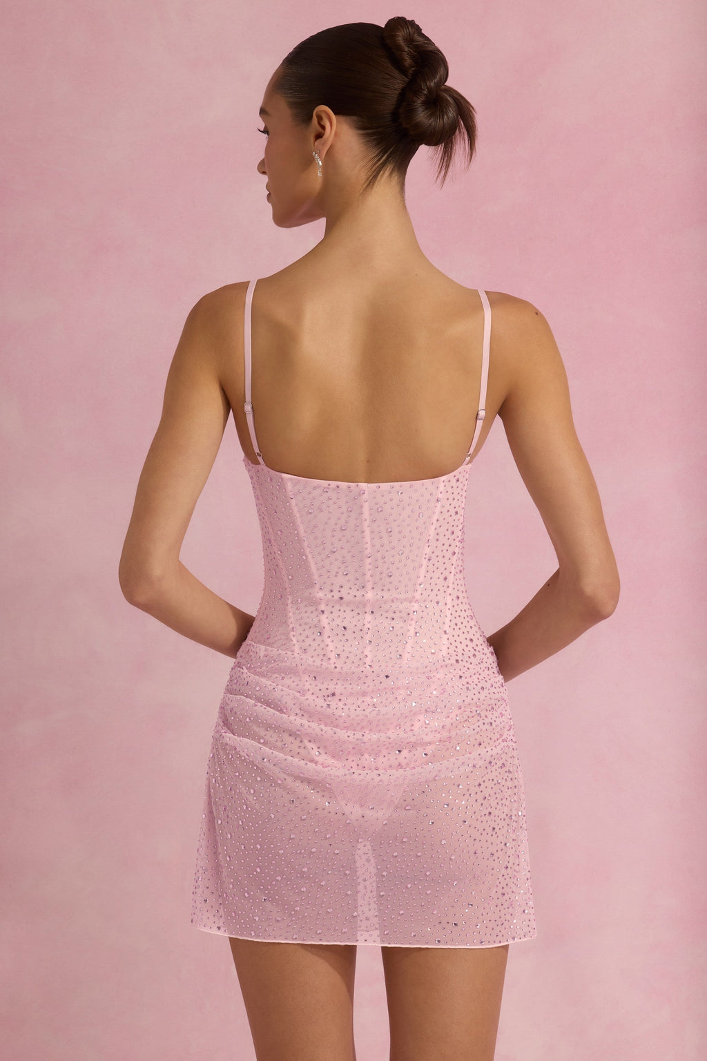 Semi-Sheer Embellished Draped Corset Mini Dress in Pink