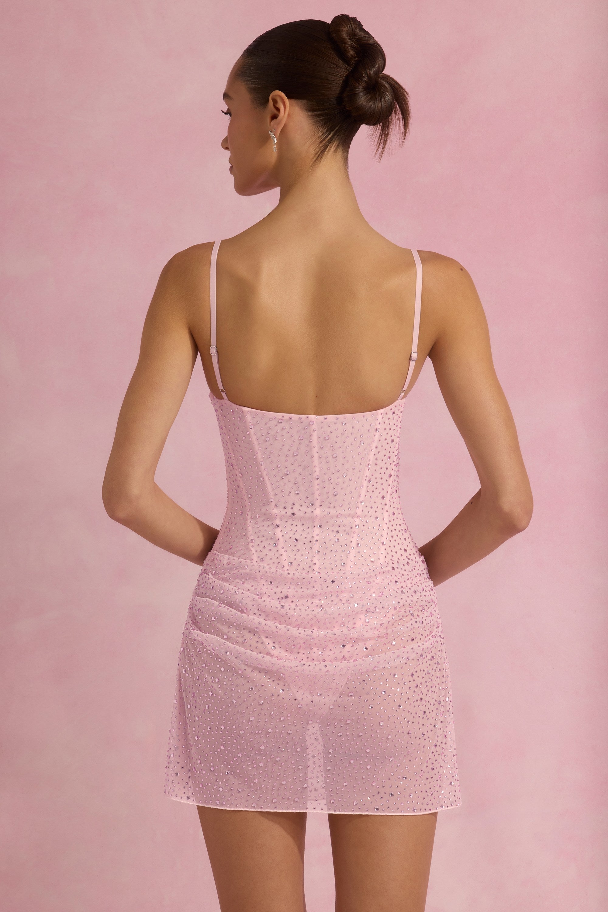 Semi-Sheer Embellished Draped Corset Mini Dress in Pink