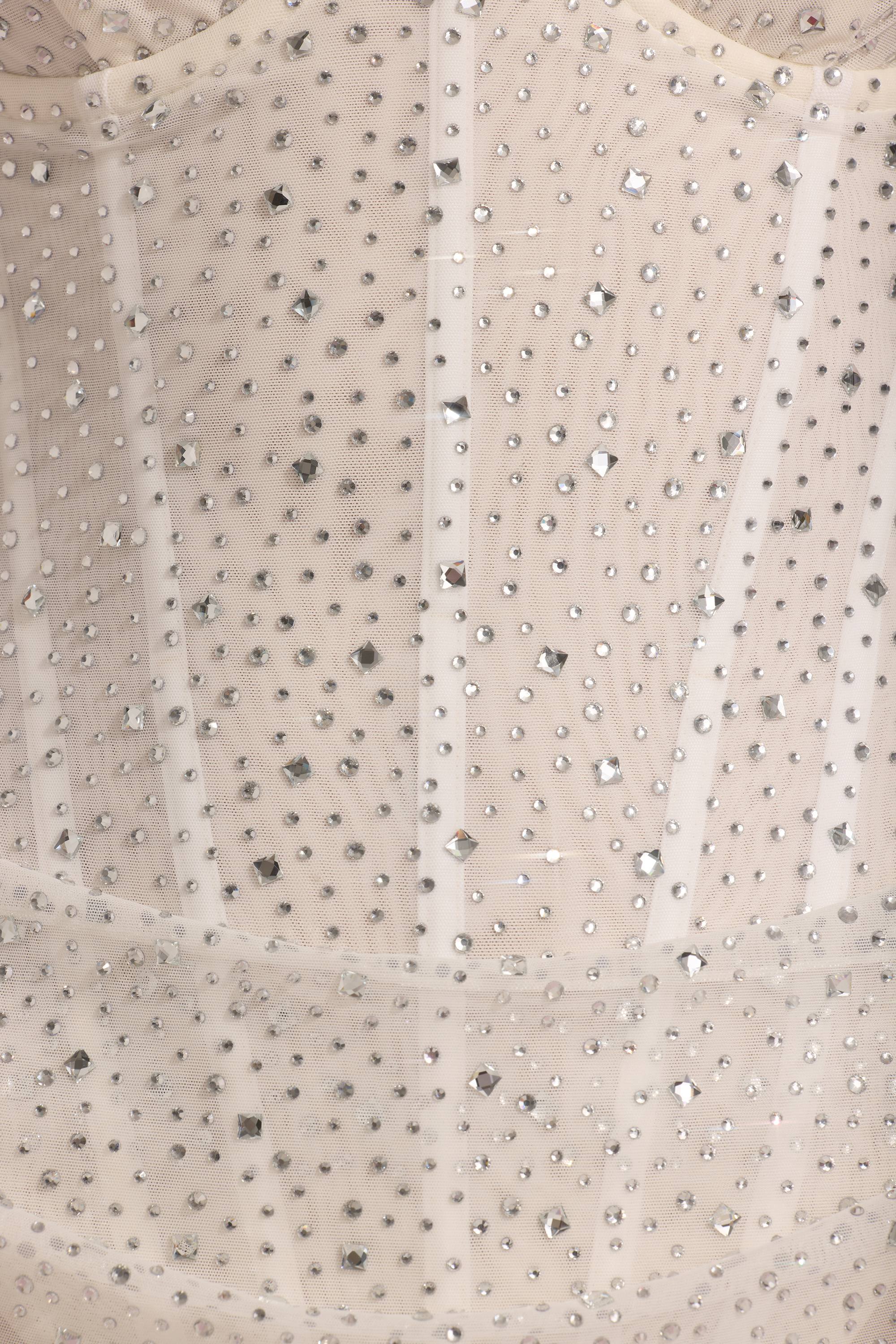 Semi-Sheer Embellished Draped Corset Mini Dress in White