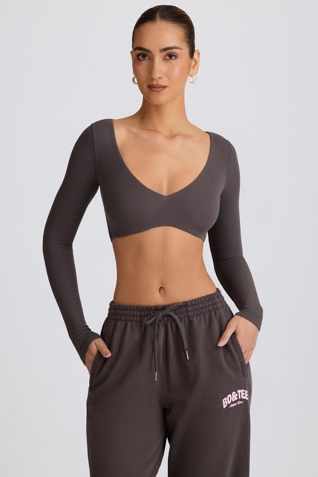 Ribbed Modal Long-Sleeve Crop Top in Charcoal Grey