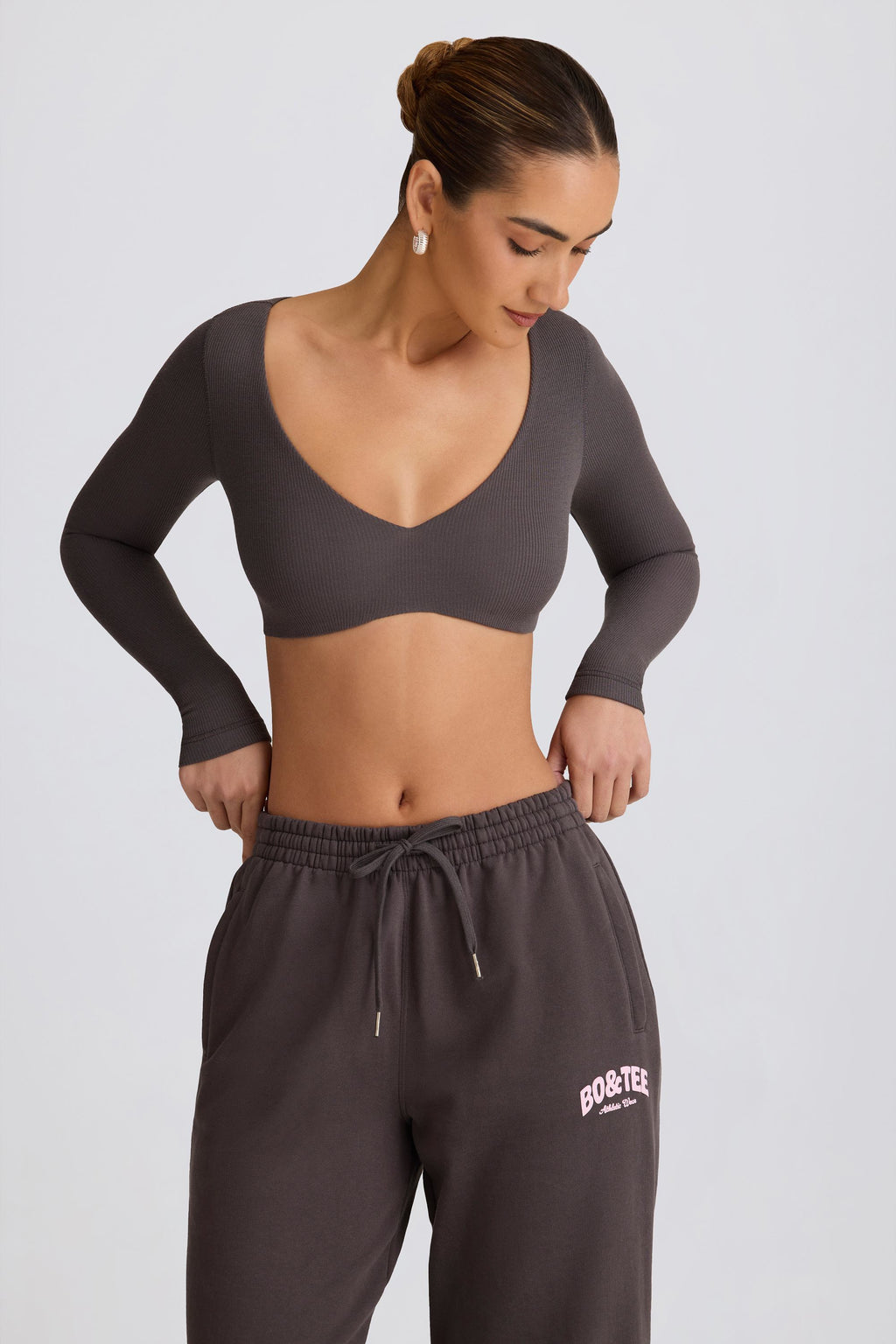 Ribbed Modal Long-Sleeve Crop Top in Charcoal Grey