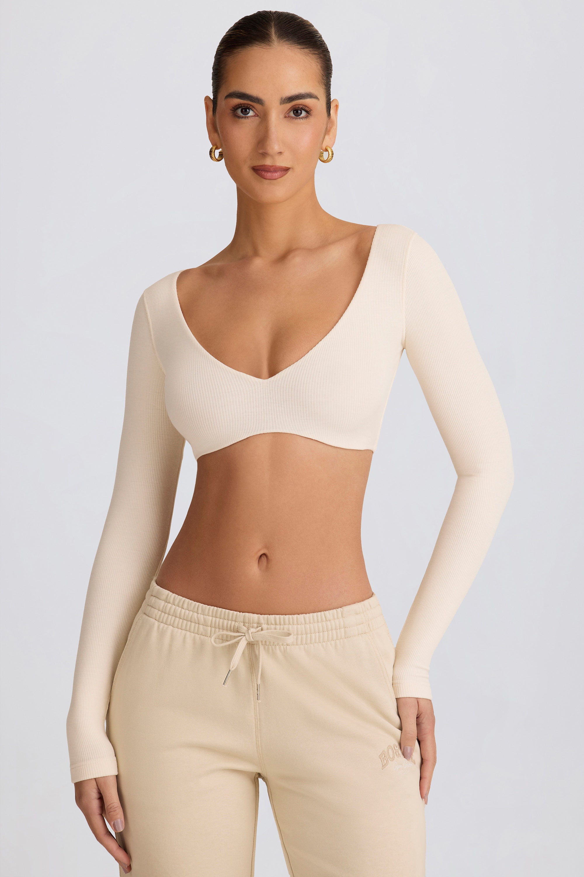 Ribbed Modal Long-Sleeve Crop Top in Ecru