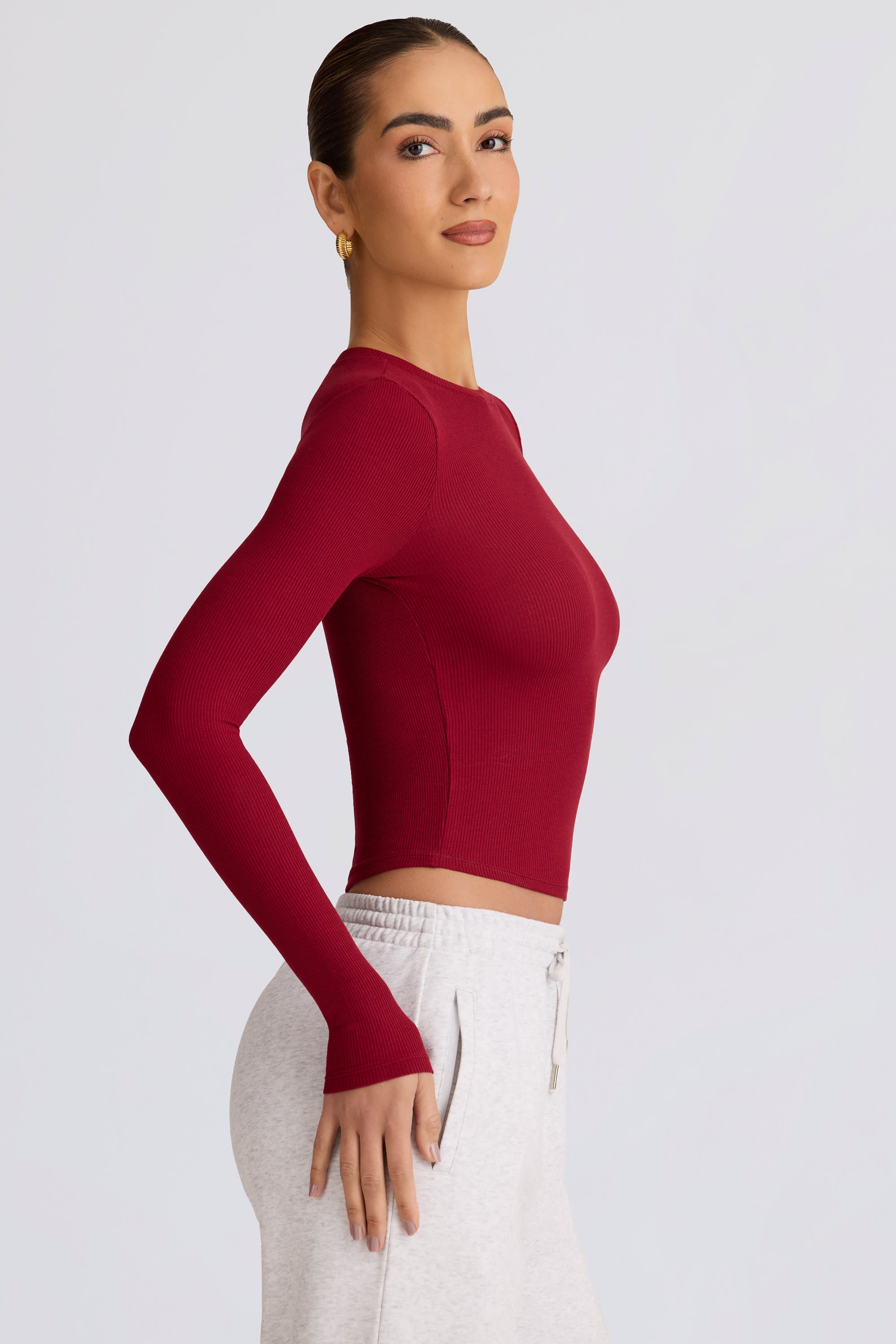 Ribbed Modal Long-Sleeve Top in Burgundy
