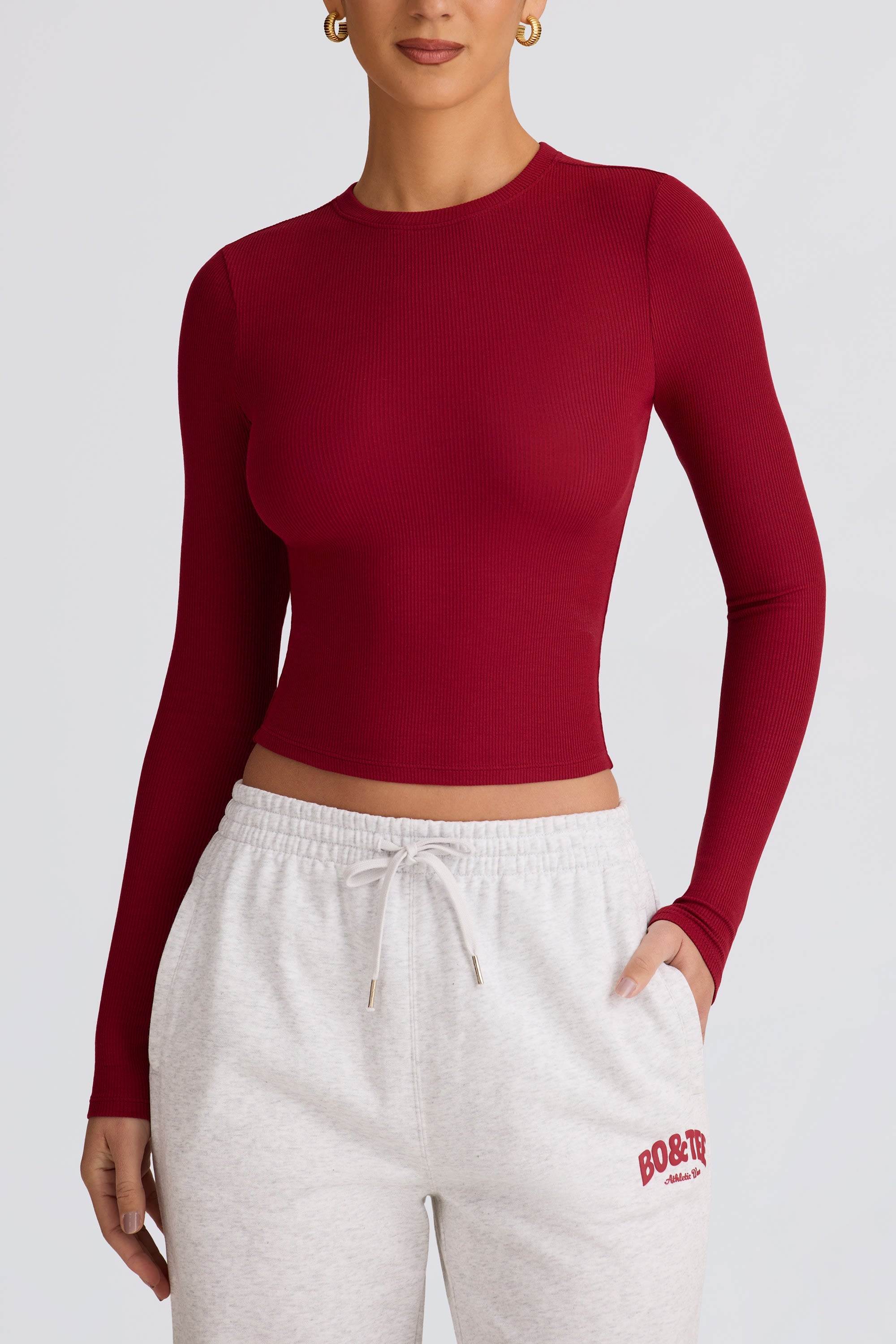 Ribbed Modal Long-Sleeve Top in Burgundy